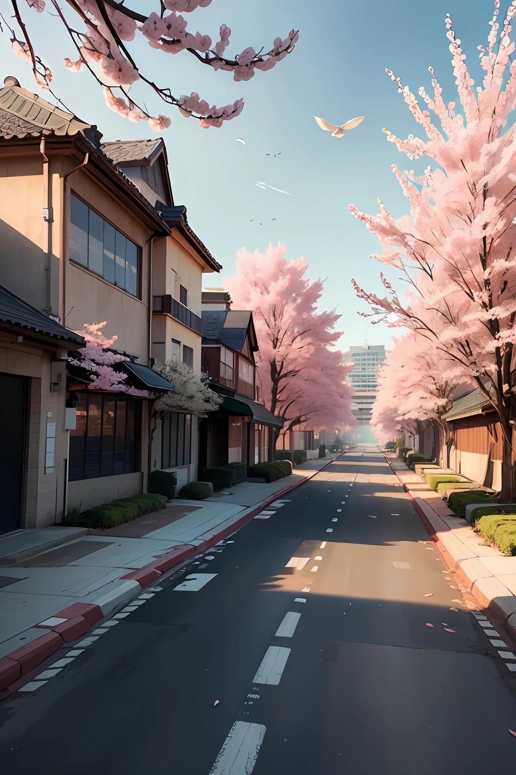 masterpiece, best quality, a city landscape with some sakura trees on the side near a highschool building, there is a light traffic on the street, some birds in the sky, wide view, anime screenshot, anime style drawing, sky visible