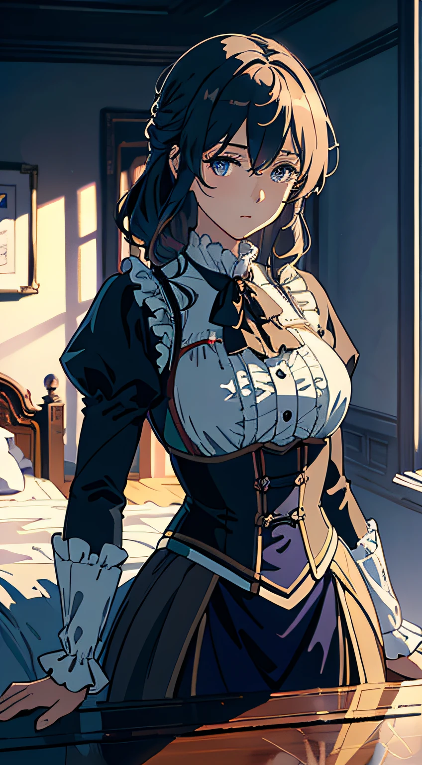 Masterpiece, best quality, (very detailed CG unified 8k wallpaper), (best quality), (best illustration), (best shadow), (Stable Diffusion Model), violet evergarden, shimmering, beautiful, victorian style bedroom, dynamic lighting, depth of field