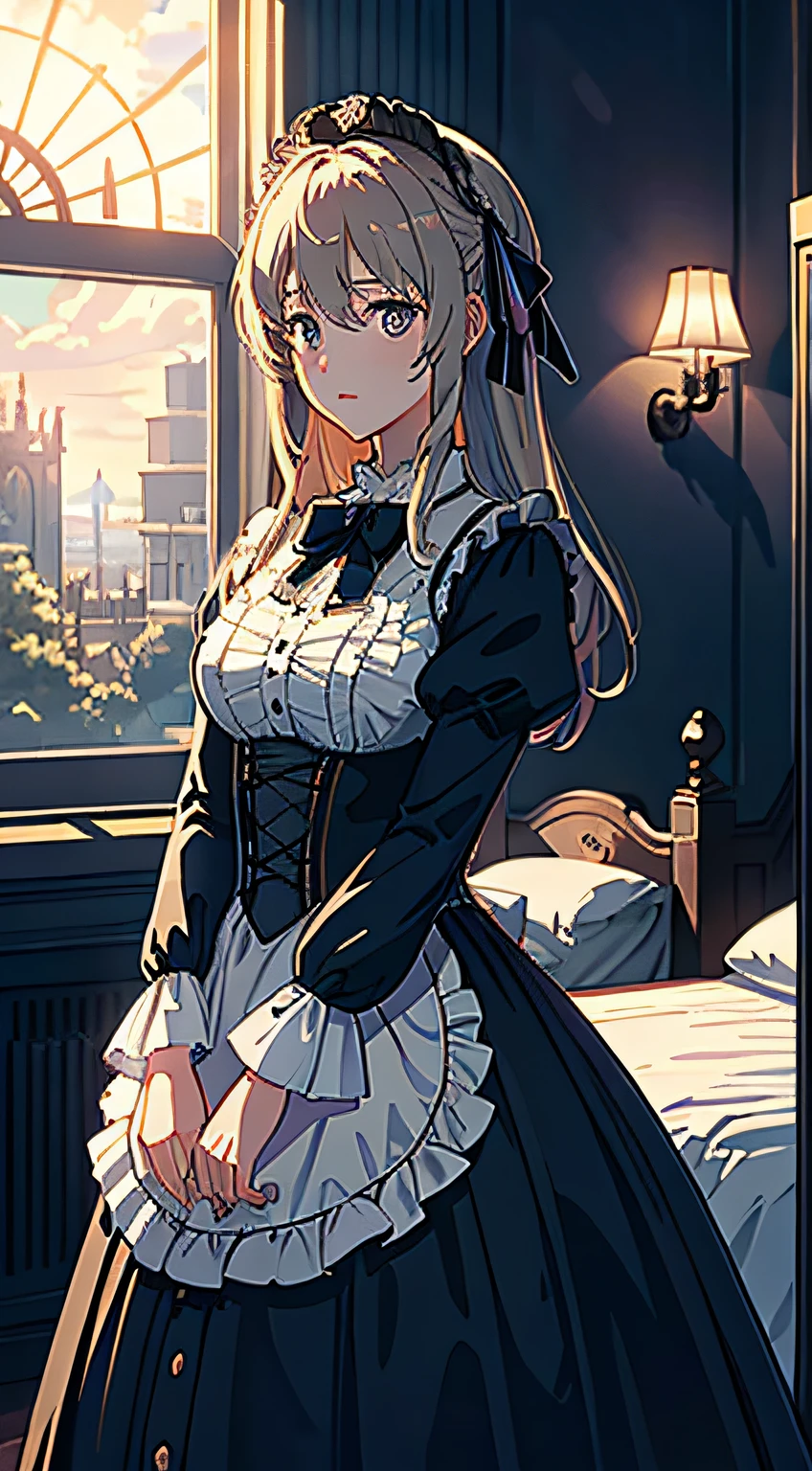 Masterpiece, best quality, (very detailed CG unified 8k wallpaper), (best quality), (best illustration), (best shadow), (Stable Diffusion Model), violet evergarden, shimmering, beautiful, victorian style bedroom, dynamic lighting, depth of field