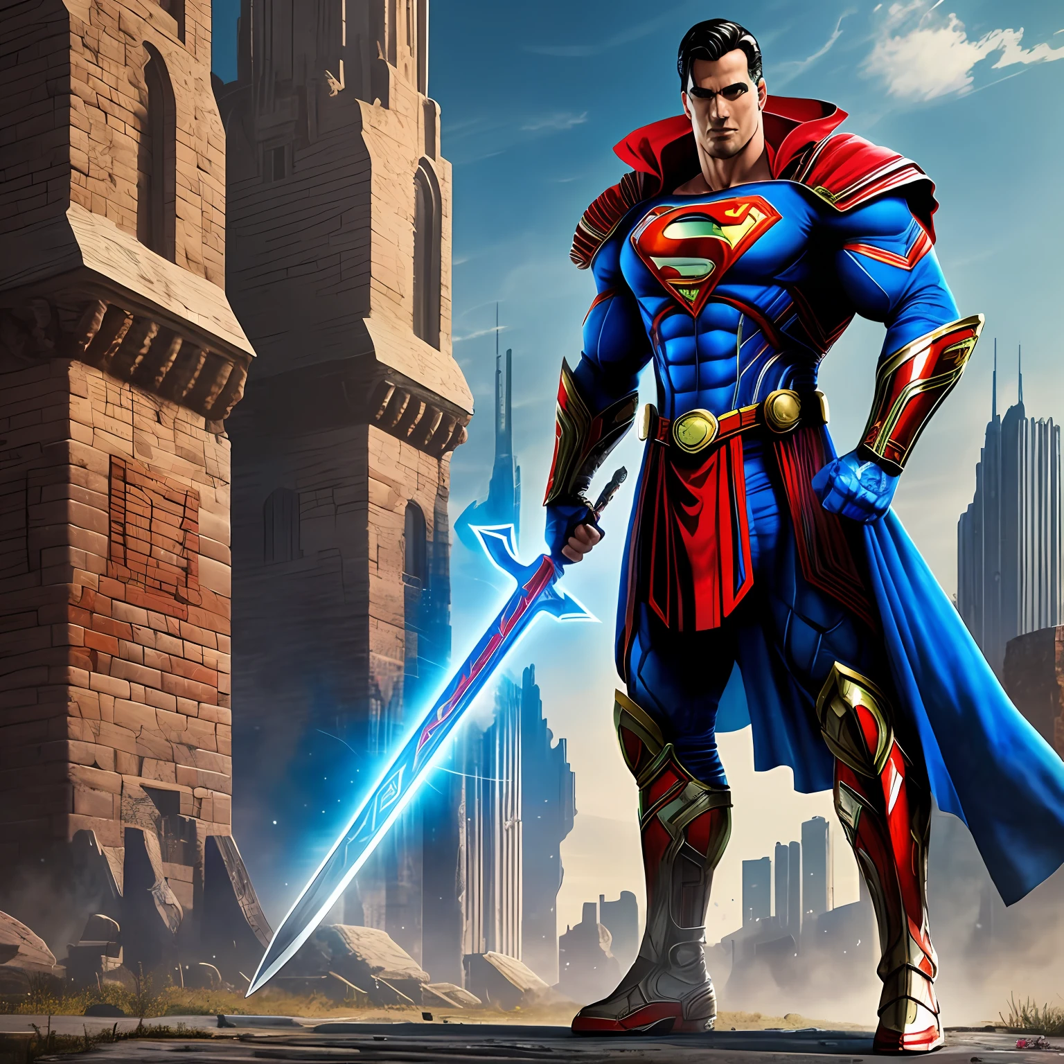 color photo of a "realistic cyberpunk Superman", with a muscular build and realistic armor, holding sword and shield, standing in a grand medieval landscape, with the colors blue and red incorporated in his design, creating an homage to the classic character at the same time giving it a medieval touch —c 10 —ar 2:3 --auto --s2