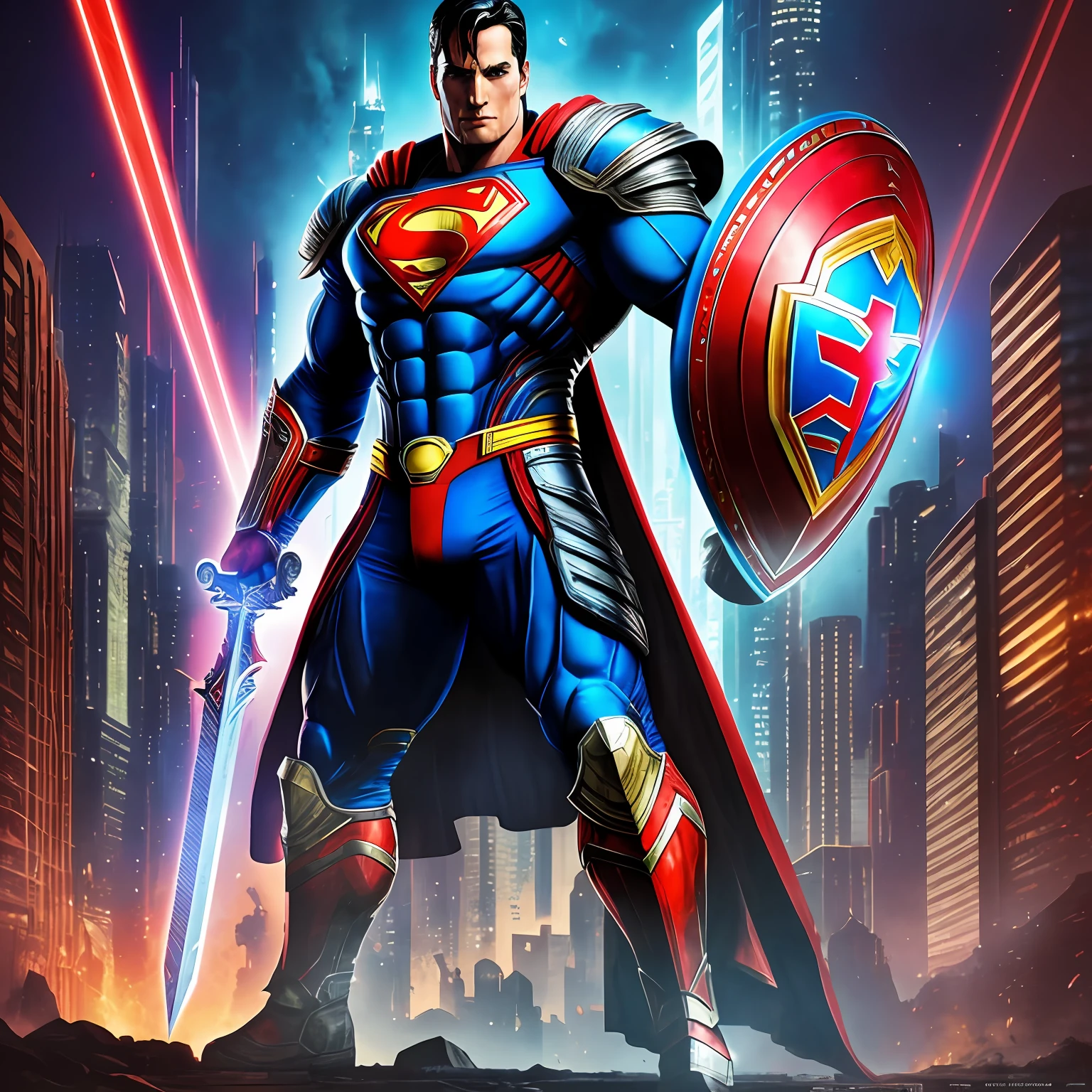color photo of a "realistic cyberpunk Superman", with a muscular build and realistic armor, holding sword and shield, standing in a grand medieval landscape, with the colors blue and red incorporated in his design, creating an homage to the classic character at the same time giving it a medieval touch —c 10 —ar 2:3 --auto --s2