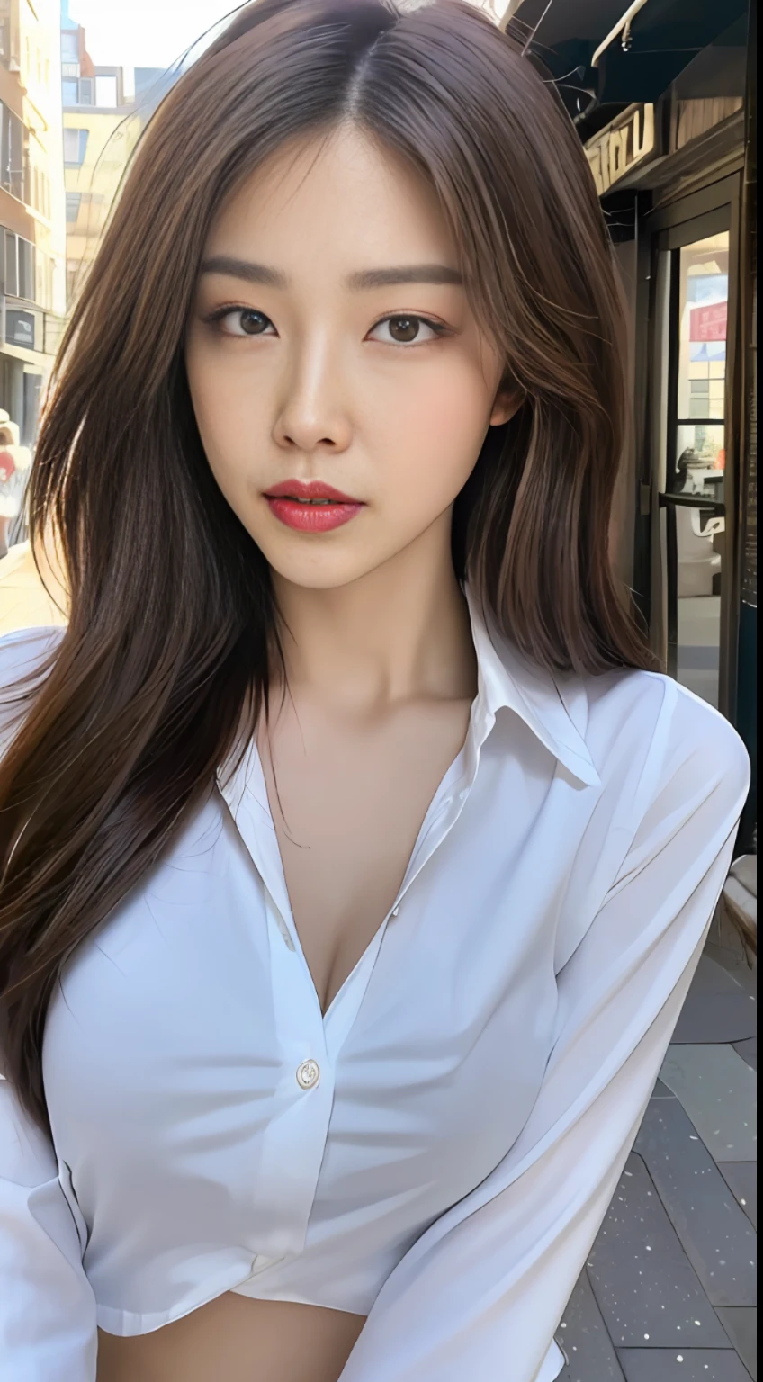 ((Best quality, 8k, Masterpiece :1.3)), Sharp focus :1.2, A pretty woman with perfect figure :1.4, Slender abs :1.2, ((Dark brown hair, Big breasts :1.2)), (White button up long shirt :1.1), City street:1.2, Highly detailed face and skin texture, Detailed eyes, Double eyelid