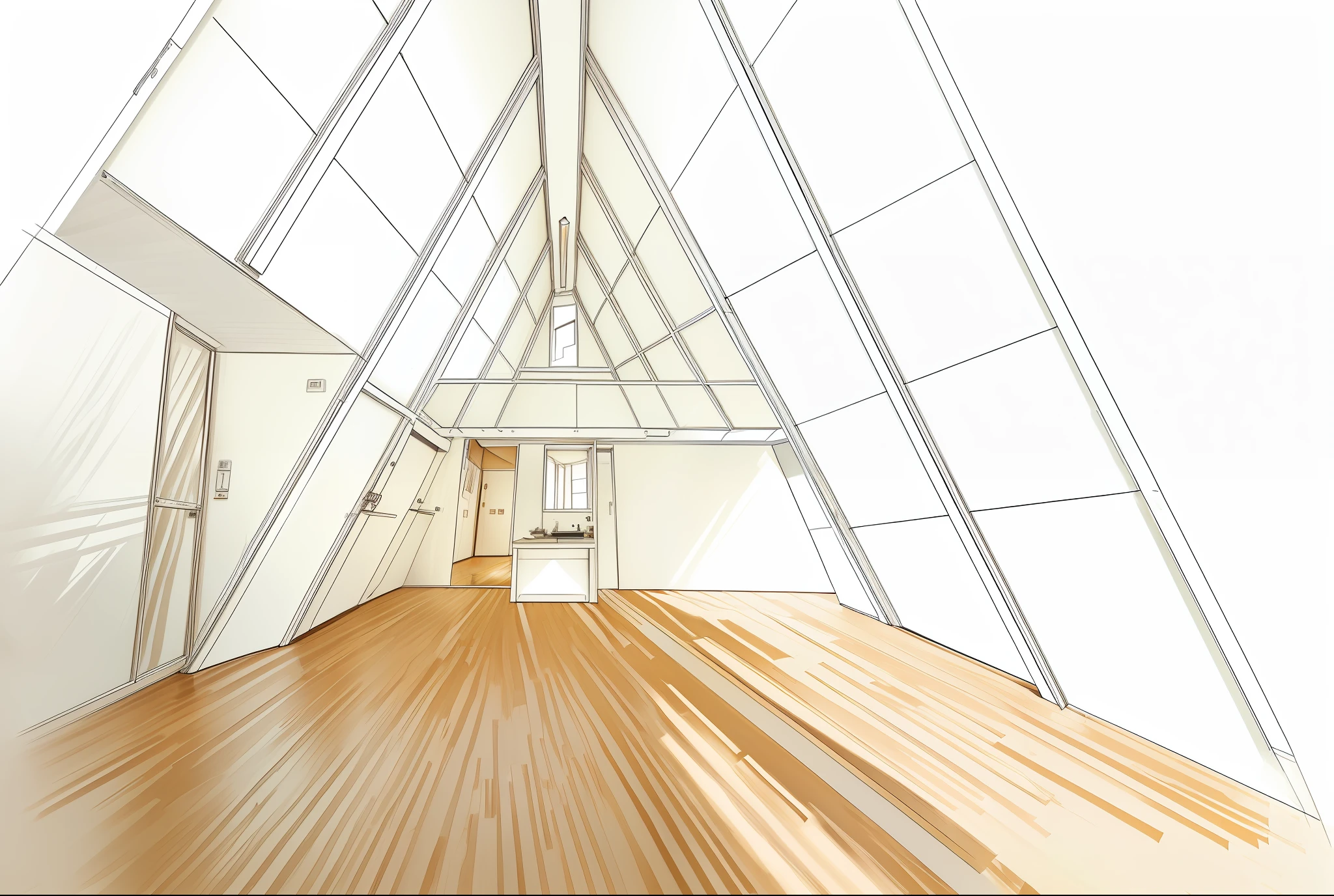 Drawing of a room with wooden floor and windows, extreme three-point perspective, deep three-point perspective, sketch-up, three-point perspective, three-point perspective, 2-point perspective, three-point perspective, concept drawing, three-point perspective, 2-point perspective, 1-point perspective, single-point perspective, dot perspective, two-point perspective, 3d effect rendering, cream white walls, low saturation maple floor, floor-to-ceiling windows, tatami, air conditioner hang-up, wash basin and illuminated mirror, interior decoration plants, a two-seat sofa, white floor-to-ceiling curtains