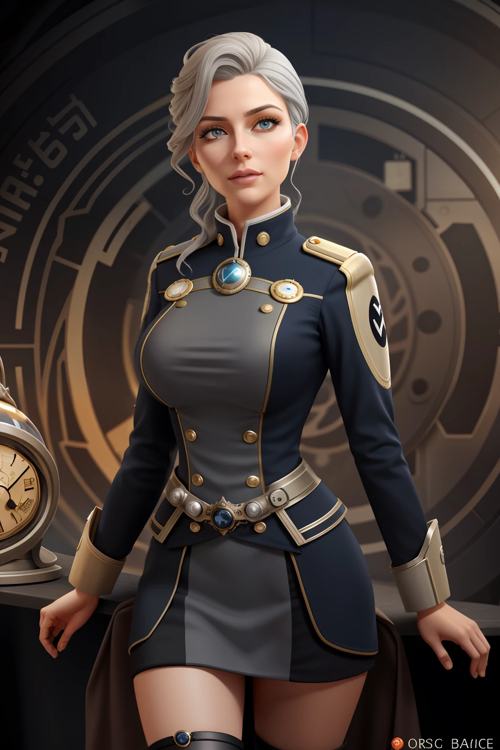 xyzahri, gray hair, 1girl, 3d rendering, CGI, portrait, solo, ???????????, thin waist, ????????, wearing ???? uniform, head up, detailed background, detailed face, dystopia [futuristic|eternal], impossible space, circular pattern, (style swirl magic: 1.0), hourglass, clockwork, clock gear, cosmic space in background, epic atmosphere