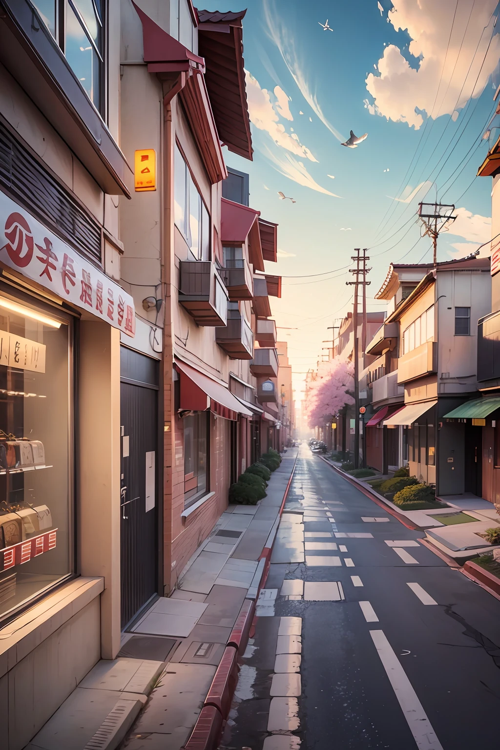 masterpiece, best quality, a city landscape with some sakura trees on the side near a highschool building, there is a light traffic on the street, some birds in the sky, wide view, anime screenshot, anime style drawing, sky visible --auto --s2