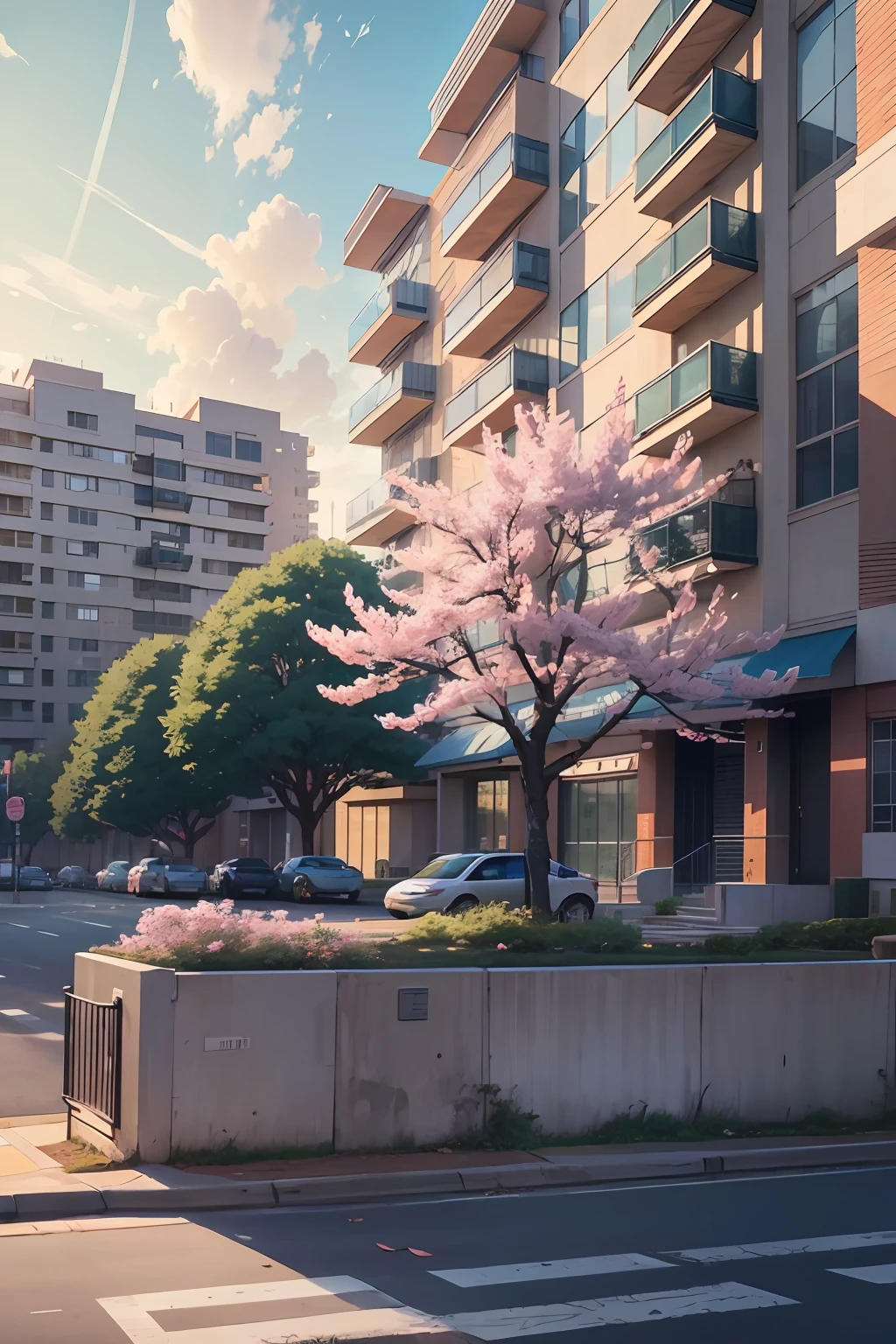 masterpiece, best quality, a city landscape with some sakura trees on the side near a highschool building, there is a light traffic on the street, some birds in the sky, wide view, anime screenshot, anime style drawing, sky visible --auto --s2