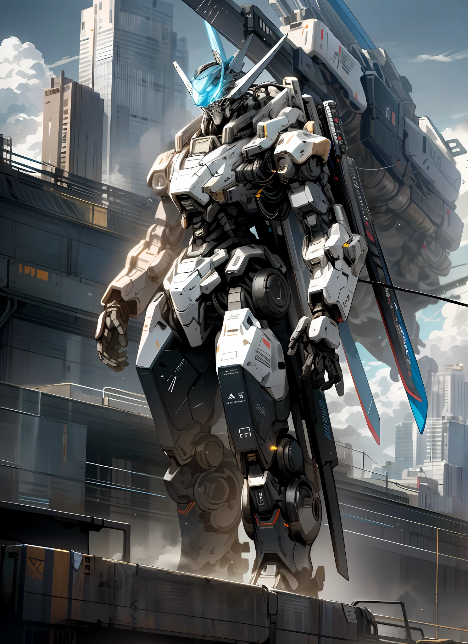 sky, clouds, have weapons, no humans, glowing, black robots, building, black mech, science fiction, urban, realistic, black mech