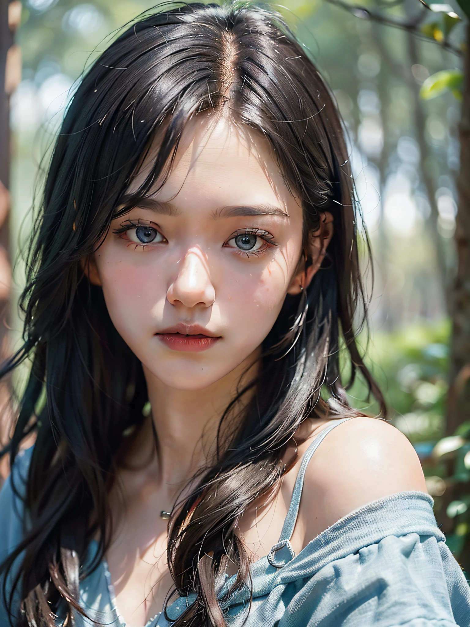 Create a portrait of a woman with magnificent realistic, (dark shot: 1.4), 80mm, long black hair. She has a mysterious look on her face and is staring at the viewer with a slight tilt of her head. She wears simple clothes. In the background is a forest of blue impressionist leaves, with eerie white light penetrating and gradient shadows at the top of the woman's face. Use the backlight effect to add depth to your image. Impressionist painting style, John Singer Serge, Anderssohn, Blue Palette, wider show with more backgrounds and woods, (Natural skin texture, hyperrealism, soft light, sharp: 1.2), soft light, sharp, exposure blend, medium shot, bokeh, (HDR: 1.4), high contrast, (cinematic, teal, Orange: 0.85), (muted colors, dim colors, muted tones: 1.3), low saturation, (hyper detail: 1.2), (noir: 0.4), (complex detail: 1.12), HDR, (complex detail, ultra detail: 1.15), faded, (neutral: 1.2), Art, (HDR: 1.5), (muted colors: 1.1), (pastel: 0.2), Hyper detail, (Art Station:1.4), Warm light, Dramatic light, (Complex detail: 1.2), Vignette, Complex background, Rutkowski,