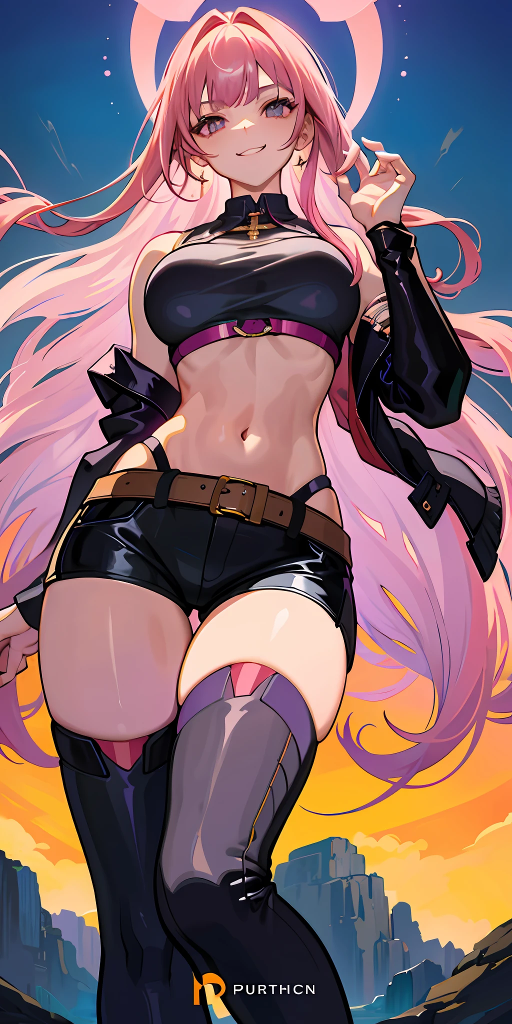 (Masterpiece: 1.6, Best Quality), (Fine and Beautiful Eyes: 1.2), (Overhead), High Quality, Beautiful Face, 1girl, Wide Shot, Black Crop Top, Tecateca Leather Tecateca Shorts, Long Leather Jacket, Open Shoulders, Pink Hair, Big Tits, Long Hair, Wide Hips, (Landscaped), Street, Background, Detail Background, Spooky Smile, A fished laugh at the corners of his mouth,