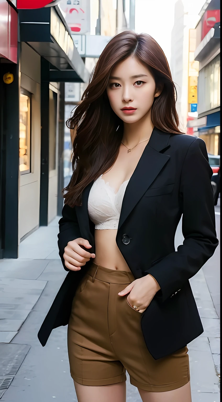 ((Top Quality, 8k, Masterpiece: 1.3)), Sharp Focus: 1.2, Beautiful Women in Perfect Style: 1.4, Slender Abs: 1.2, ((Dark Brown Hair, Big: 1.2)), (Natural Light, City Street: 1.1), Highly Detailed Face and Skin Texture, Detailed Eyes, Double Eyelids, Bra Top, Black Blazer, Office