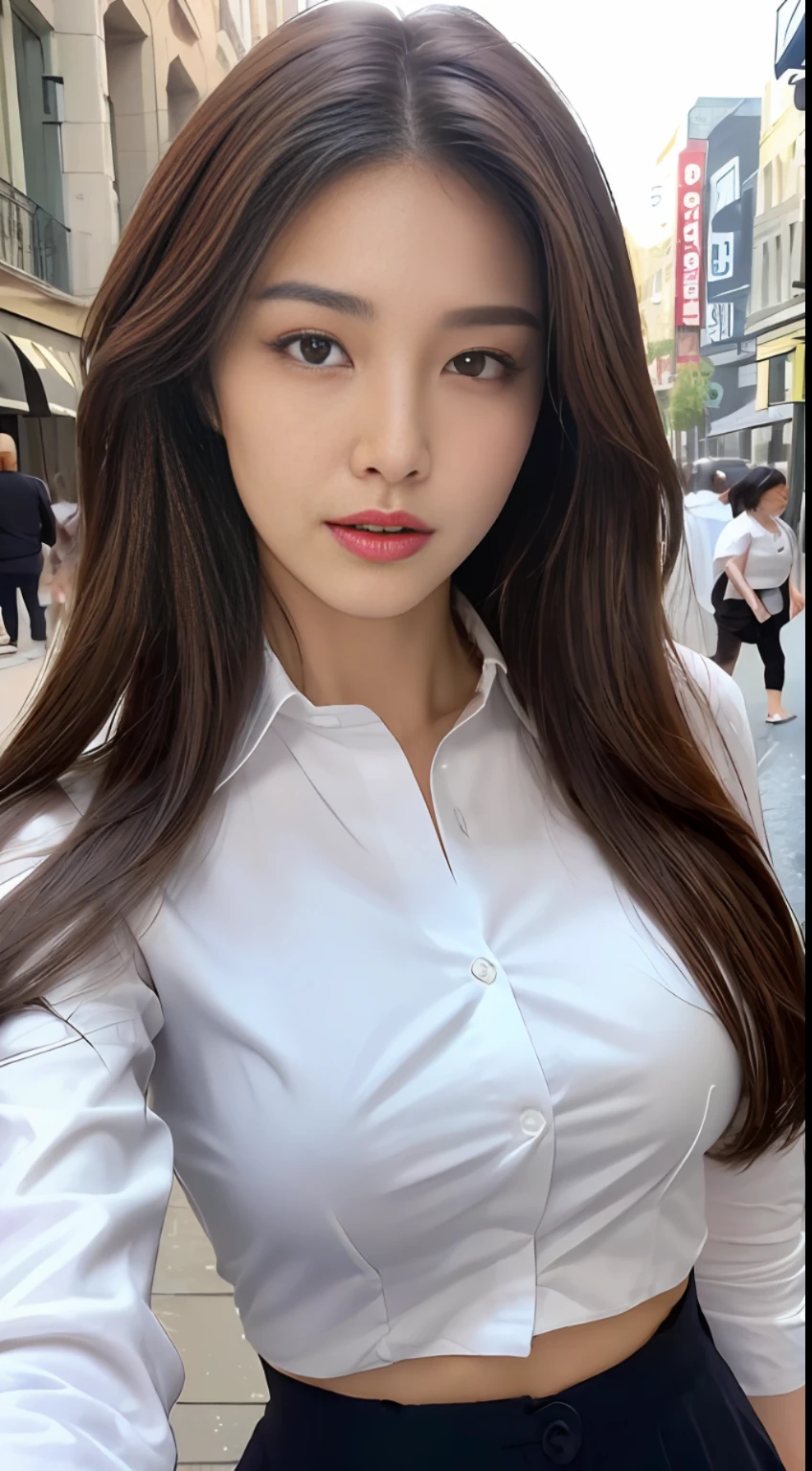 ((Best quality, 8k, Masterpiece :1.3)), Sharp focus :1.2, A pretty woman with perfect figure :1.4, Slender abs :1.2, ((Dark brown hair, Big breasts :1.2)), (White button up long shirt :1.1), City street:1.2, Highly detailed face and skin texture, Detailed eyes, Double eyelid