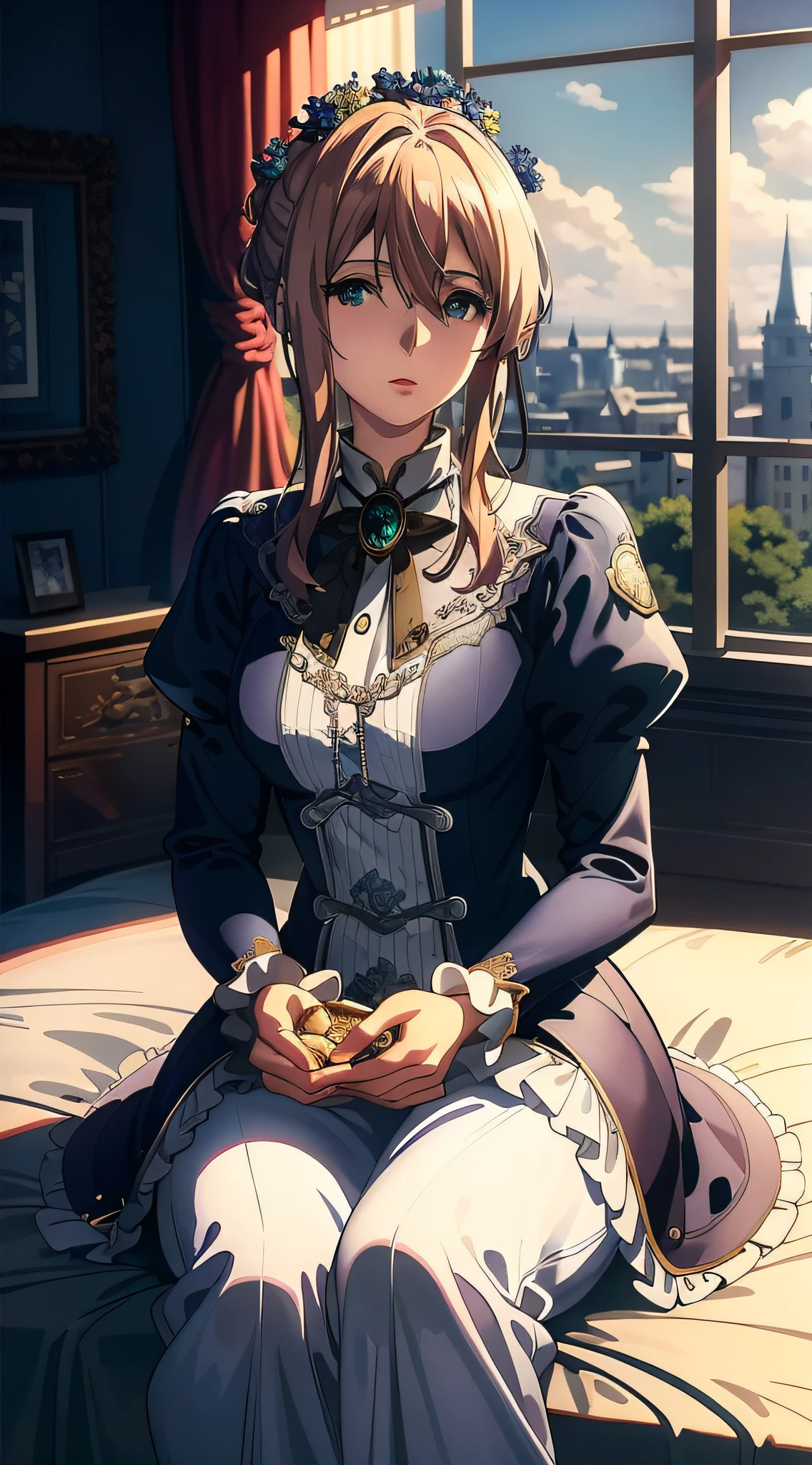 anime character sitting on a bed in front of a window, cushart krenz key art feminine, violet evergarden, detailed fanart, highly detailed exquisite fanart, detailed digital anime art, high detailed official artwork, loli in dress, loli, digital anime illustration, artwork in the style of guweiz, clean detailed anime art, detailed key anime art