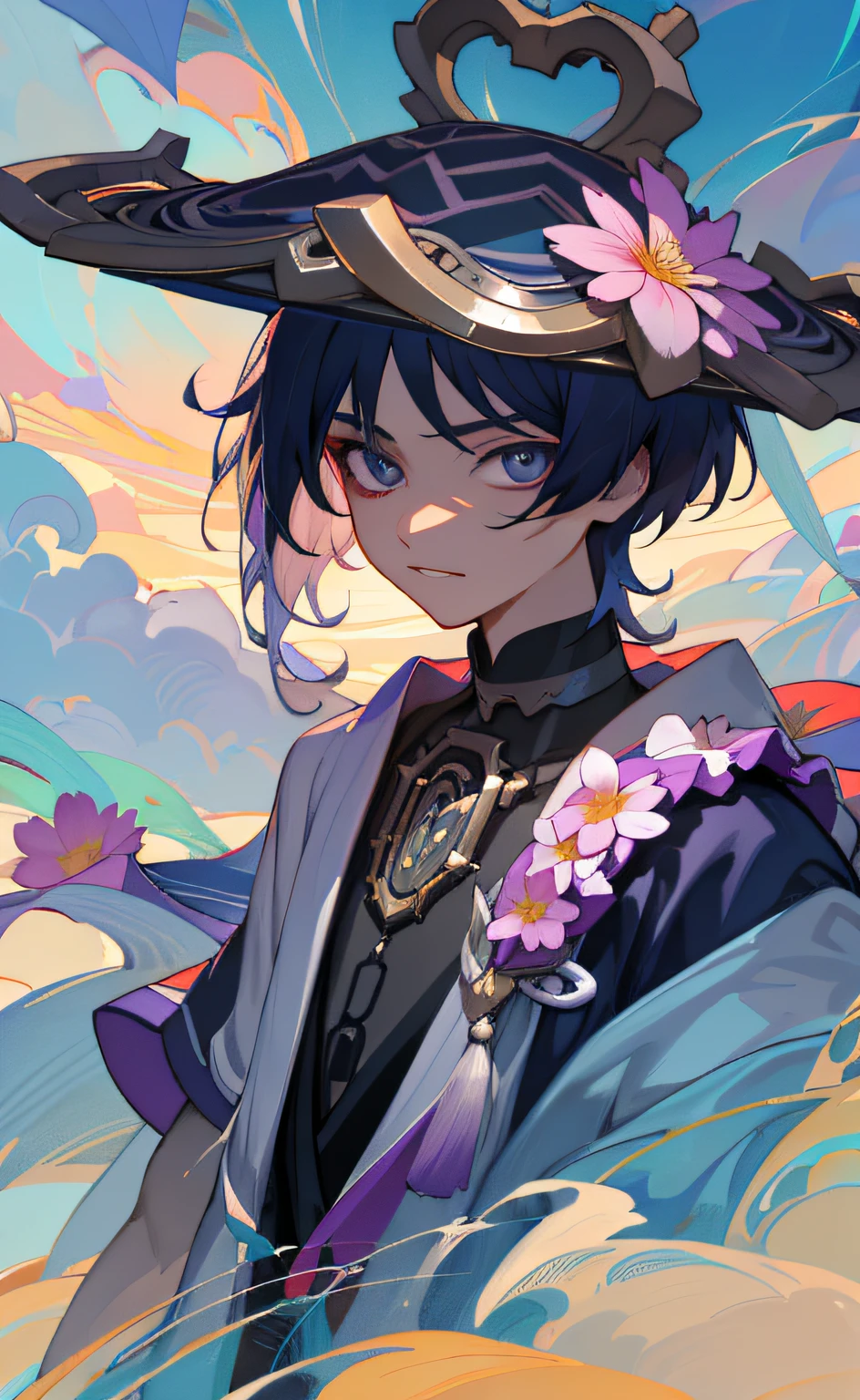 (masterpiece), (best quality), (ultra detailed), Scaramouche(Wanderer), front looking, looking at viewer, upper body, flowers, flowing colors, cloudy sky,