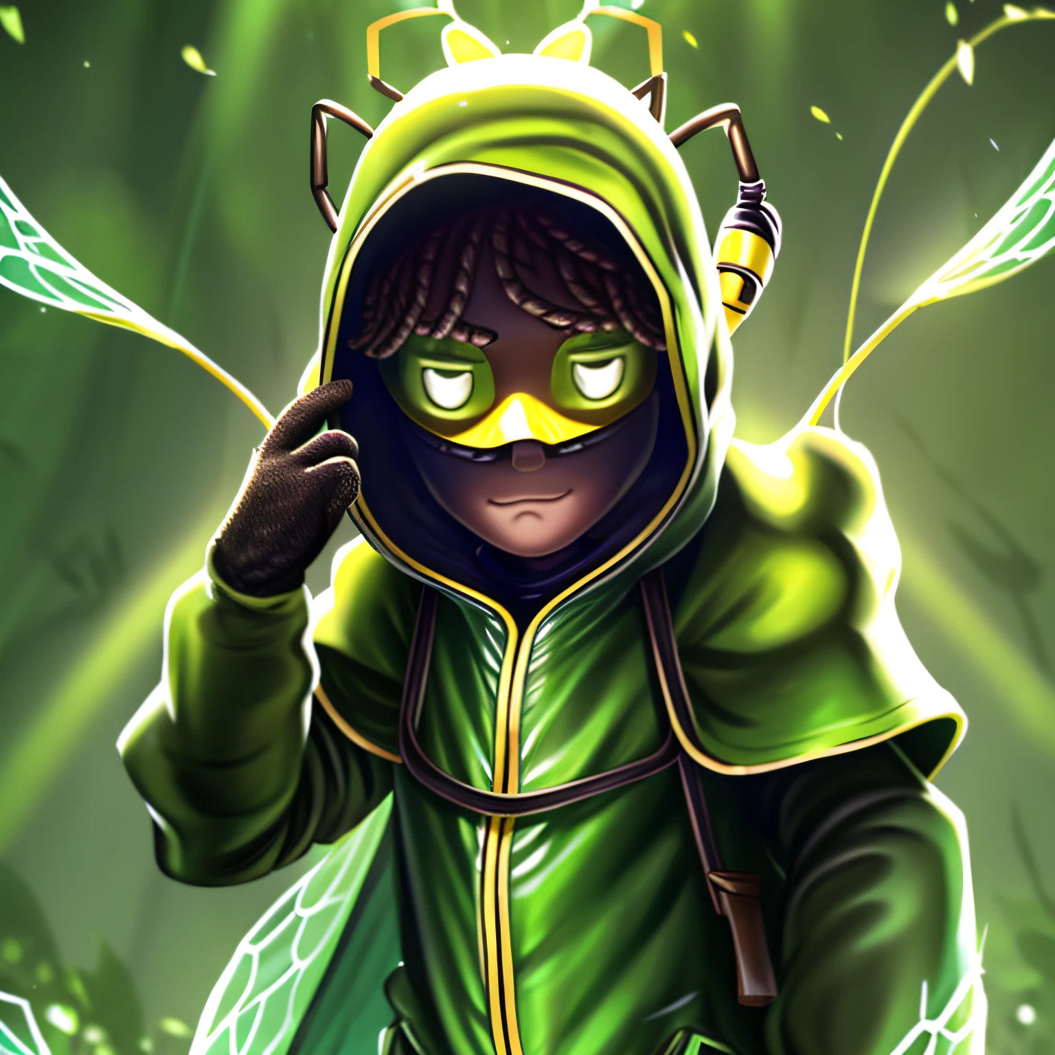 Masterpiece, high quality, young boy, covering his face with bee protective suit, holding a bug net, dark green coat, facing forward, looking at camera, full body, center of the screen