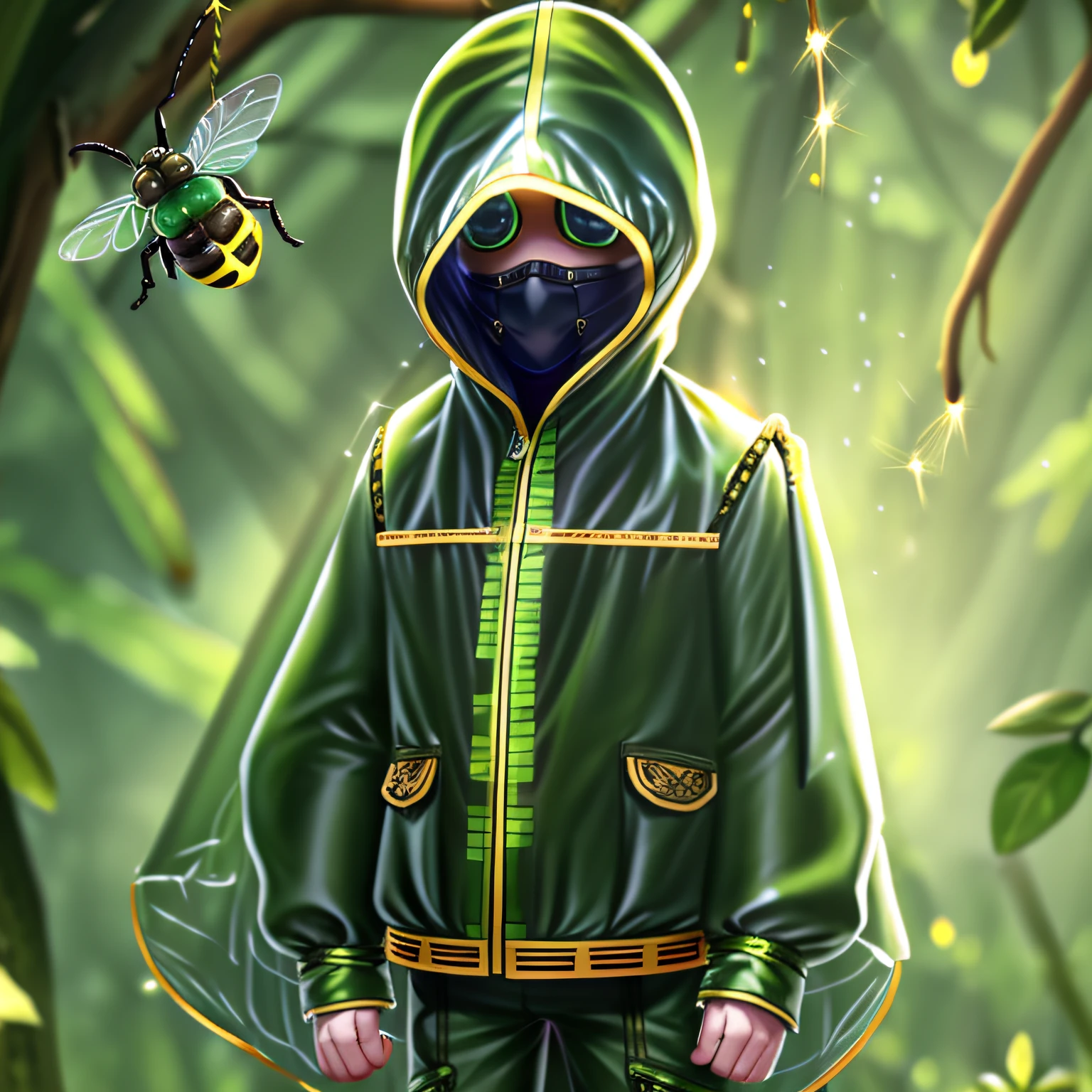 Masterpiece, high quality, young boy, covering his face with bee protective suit, holding a bug net, dark green coat, facing forward, looking at camera, full body, center of the screen