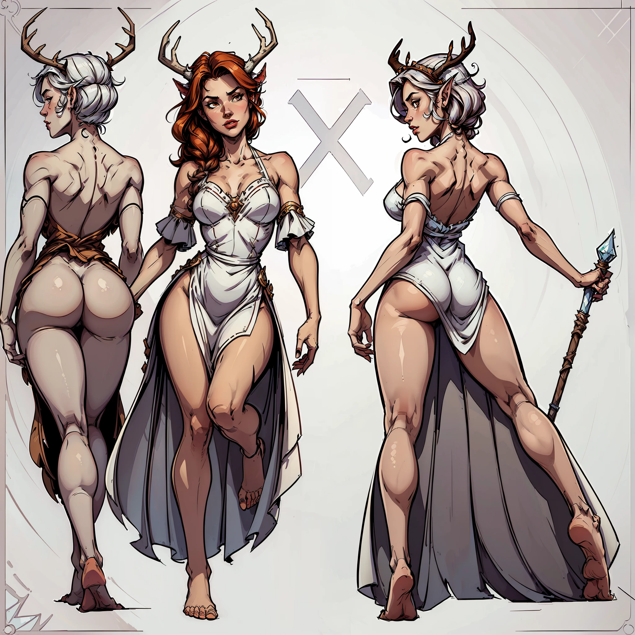 ((masterpiece)),(((best quality))),(((character design sheet,same character,front, side, back)),illustration, full body art with feet visible of a druid girl with deer horns in a cute dress holding staff with two hands behind her back, intricate detailes, cute pose, standing on one leg, flat white background