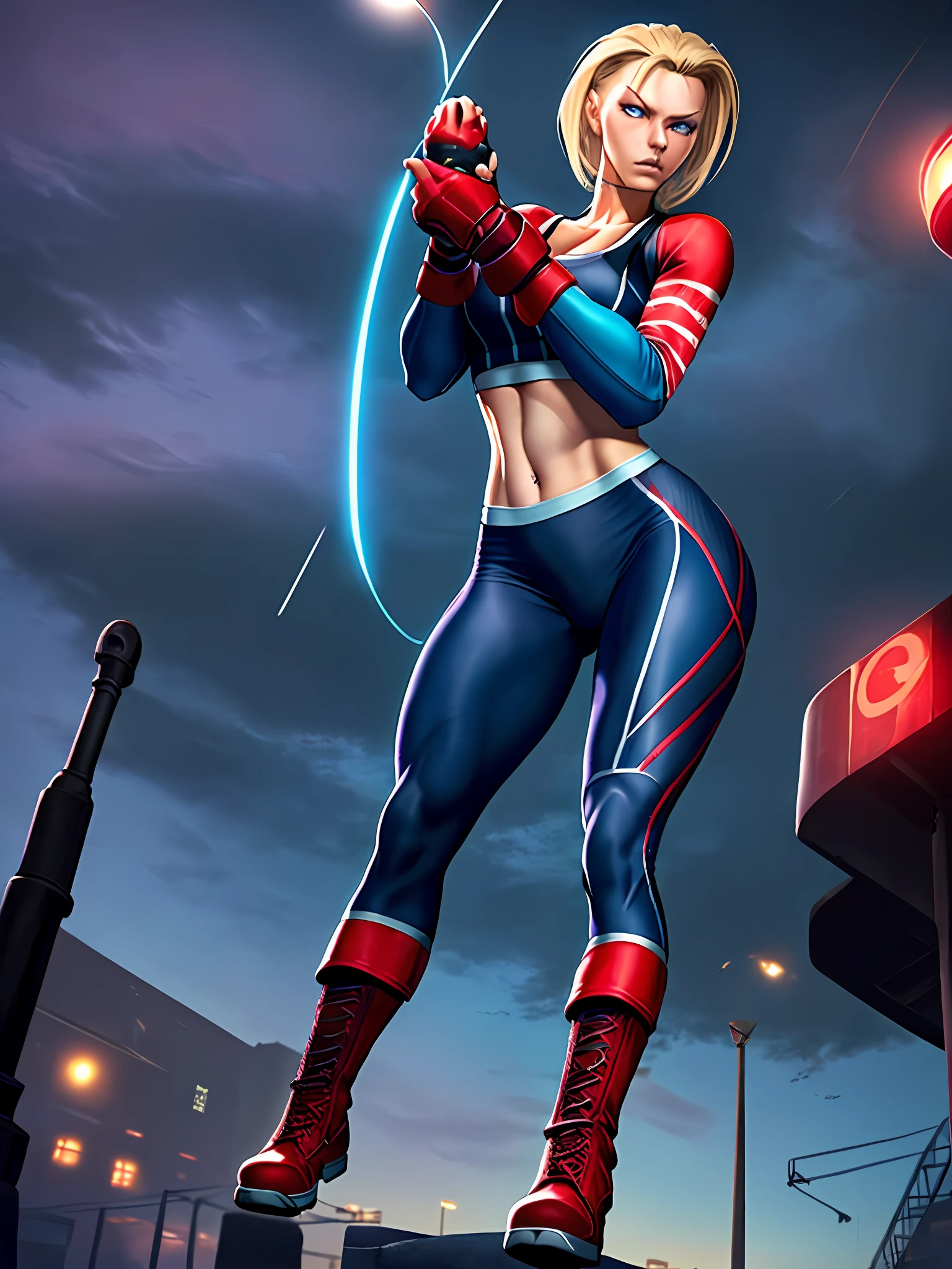 Cammy, ((Masterpiece)), ((High quality render)), ((High definition)), ((Beautiful woman portrait; (upwards angle))), ((detailed shading)), [Ready to fight; (grabing back of wrist): 1.4], [angry expression; (Frowning, puckered lips)], (red gauntlets), Powerful stance, [athletic body; (defined abs, defined leg muscles)], (sports ), (yoga pants), (short leather jack; light blue, red horizontal stripes on sleeves), (red combat boots), {standing on side walk, Background; (nighttime england city, cars, neon lights, lamp posts, big full moon)}