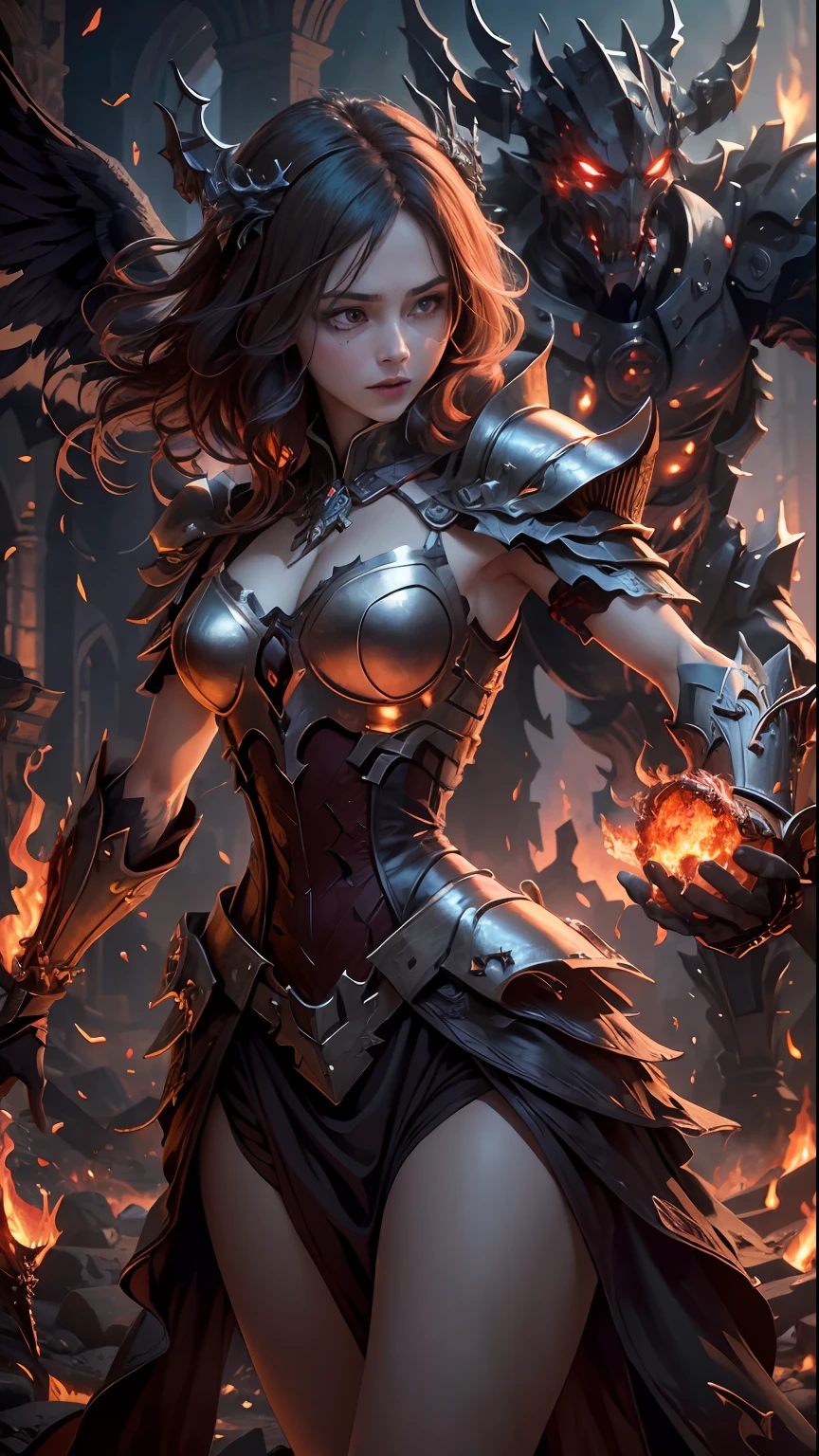 (extremely detailed 8k wallpaper)+, a medium shot photo of a demonic sorceress conjuring fire in a burning and destroyed village, Intricate, High Detail, dramatic, best quality masterpiece, photorealistic, detailed, 8k, HDR, backlighting, bloom, light sparkles, chromatic aberration, sharp focus