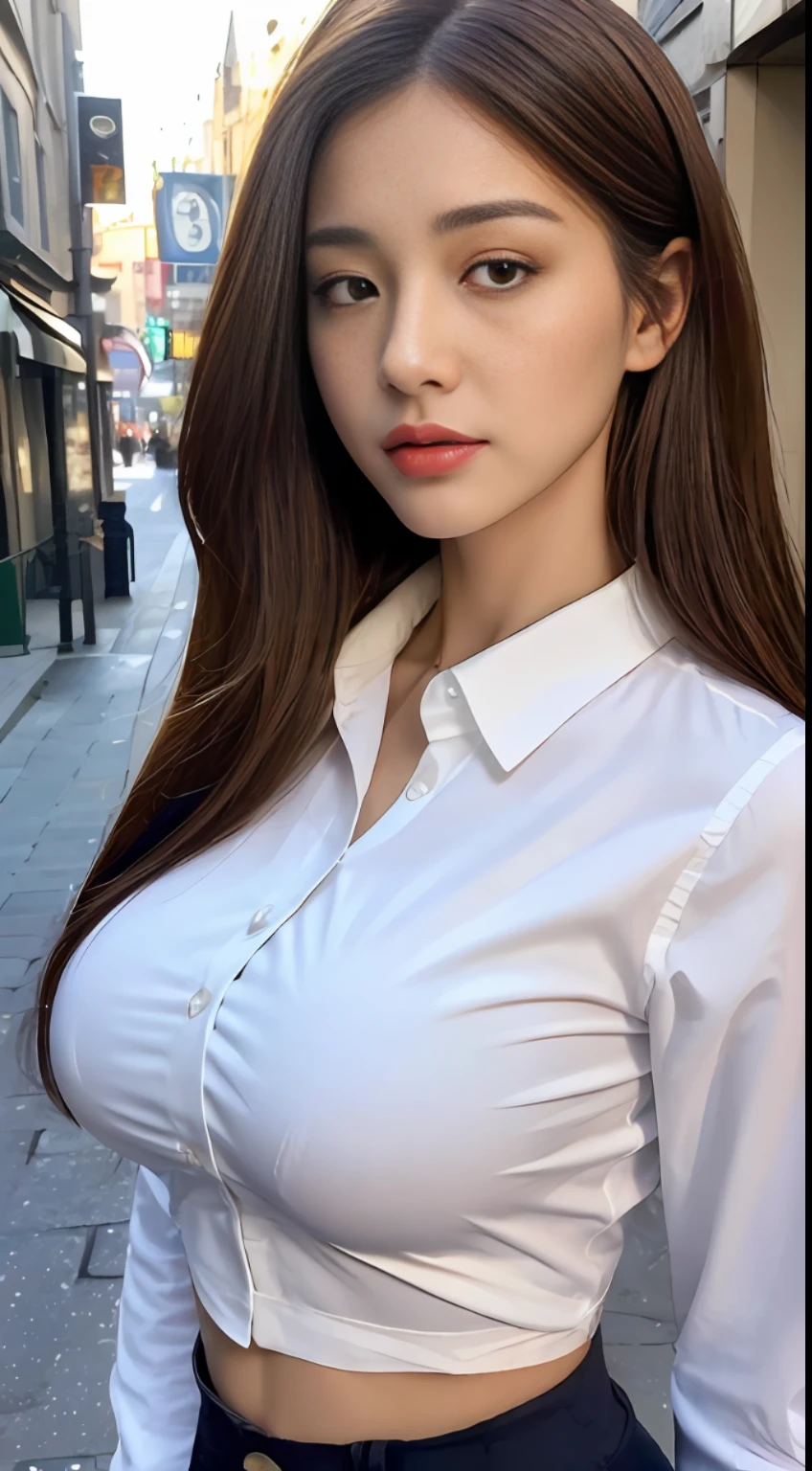 ((Best quality, 8k, Masterpiece :1.3)), Sharp focus :1.2, A pretty woman with perfect figure :1.4, Slender abs :1.2, ((Dark brown hair, Big breasts :1.2)), (White button up long shirt :1.1), City street:1.2, Highly detailed face and skin texture, Detailed eyes, Double eyelid