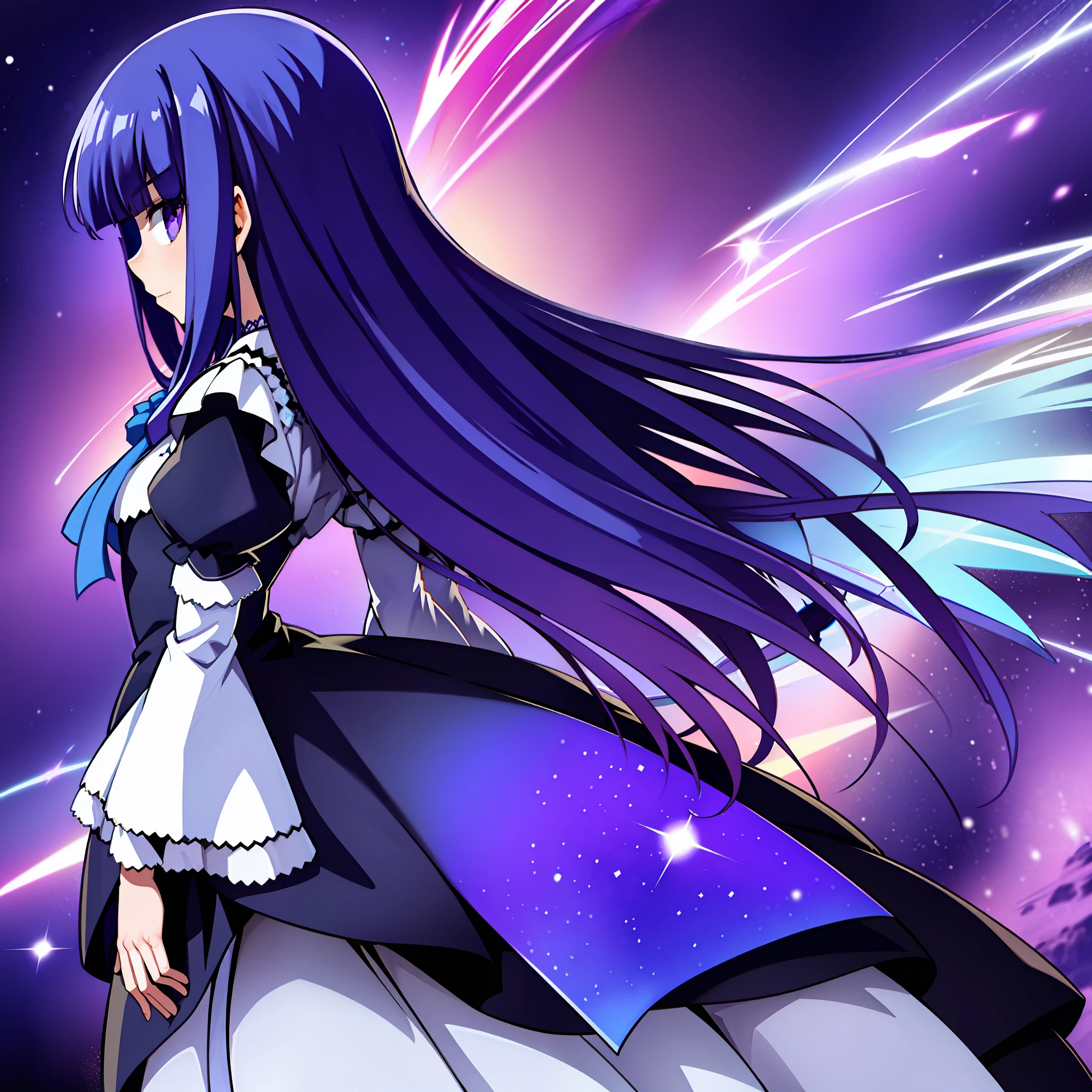 1girl, frederica bernkastel, blue hair, purple eyes, dress, detailed background, long sleeves, looking from back, universe background, many crystal prisms in background, dead eyes, profile picture