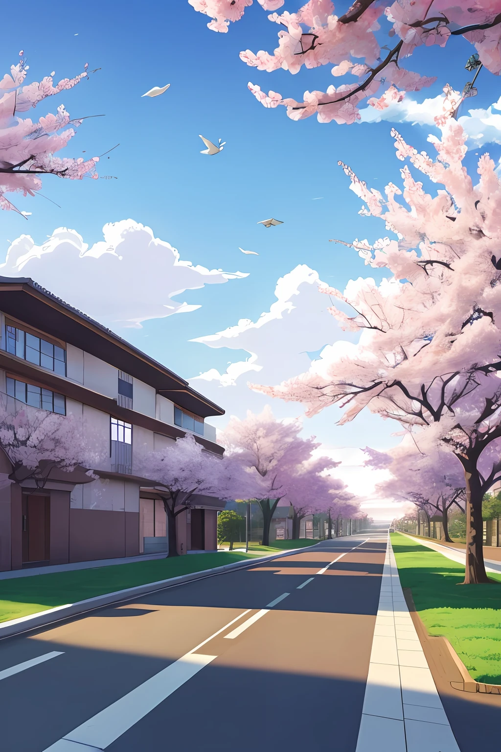 masterpiece, best quality, a city landscape with some sakura trees on the side near a highschool building, there is a light traffic on the street, some birds in the sky, wide view, anime screenshot, anime style drawing, sky visible