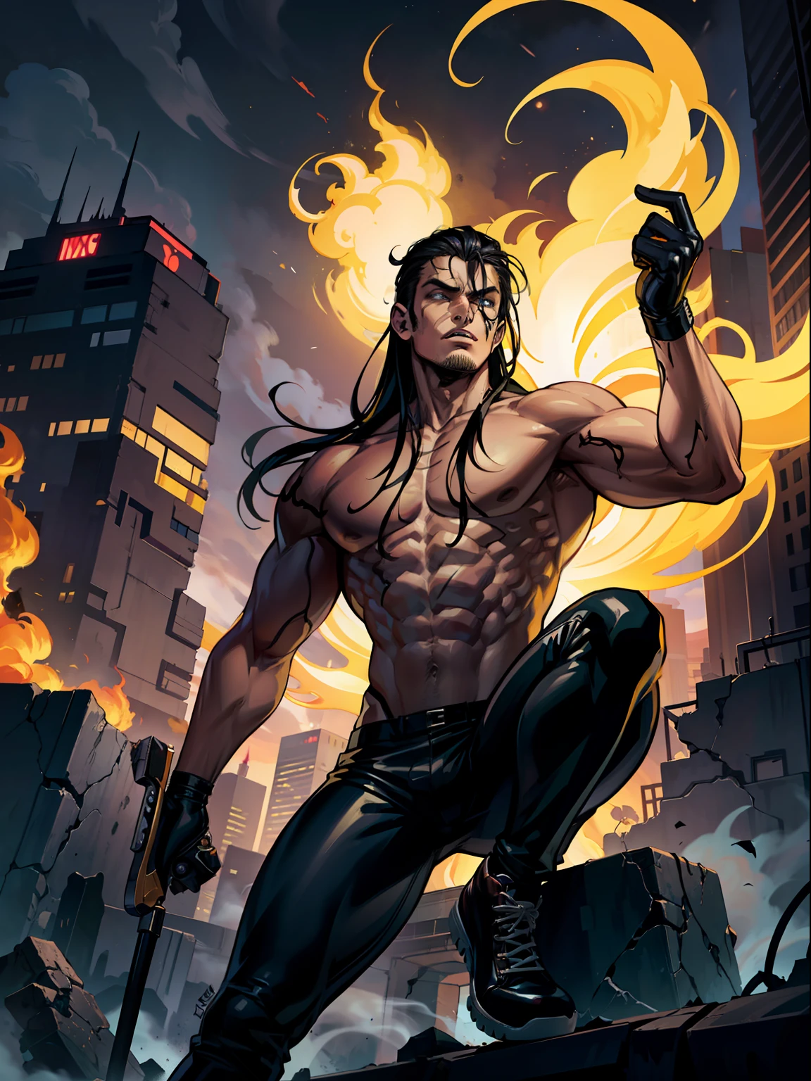 Villainous man, shirtless and with super detailed black pants, black gloves, power in the right hand, black All Star Converse sneakers, long hair yellow color, power of destruction in your control, ruined scenery with smoke and fires
