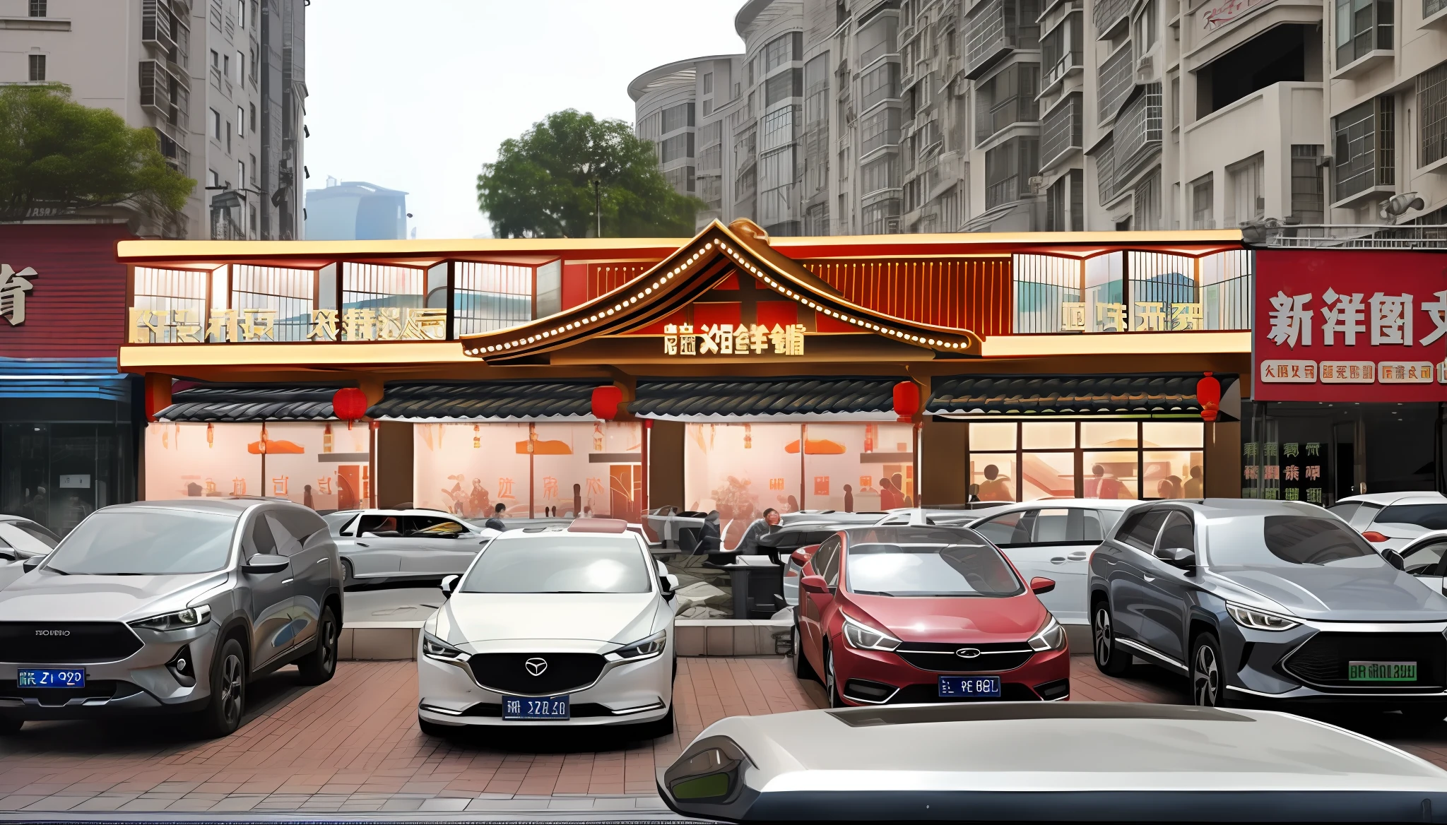 Late at night, car parked in front of a restaurant in the city, 2 D CG, high detail store, Nanquan, warm street lamp storefront, regal fast food restaurant, strong book, wide angle exterior 2022, Ruan family, Chinese architecture, Shaxi, inspired by Zou Yigui, street scene, restaurant in the background