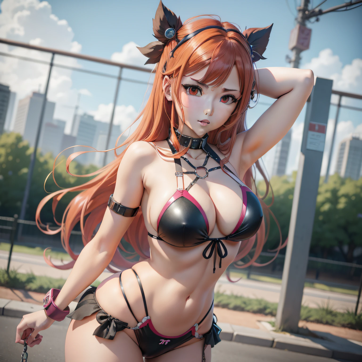 Anime girl with red hair and tie standing in front of chain link fence, Akane Owari Danganronpa, Asuka Iwakura Station Game Rings, Gapmoe Yandere, Seductive Anime Girl, ( ( ( Yoshinari Yoh ) ), Makoto Shinka, anime character, female anime character, Rias Gremory, Anya from Spy X Family, with bikini, on a braia