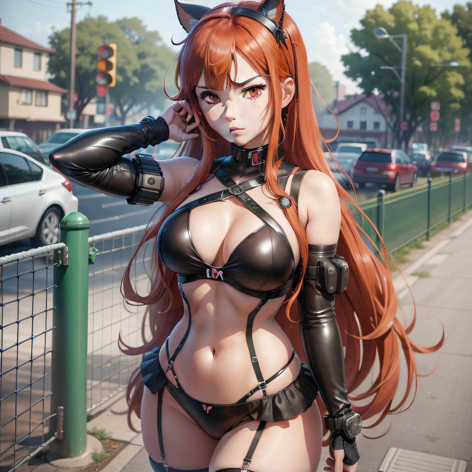 Anime girl with red hair and tie standing in front of chain link fence, Akane Owari Danganronpa, Asuka Iwakura Station Game Rings, Gapmoe Yandere, Seductive Anime Girl, ( ( ( Yoshinari Yoh ) ), Makoto Shinka, anime character, female anime character, Rias Gremory, Anya from Spy X Family, with bikini, on a braia