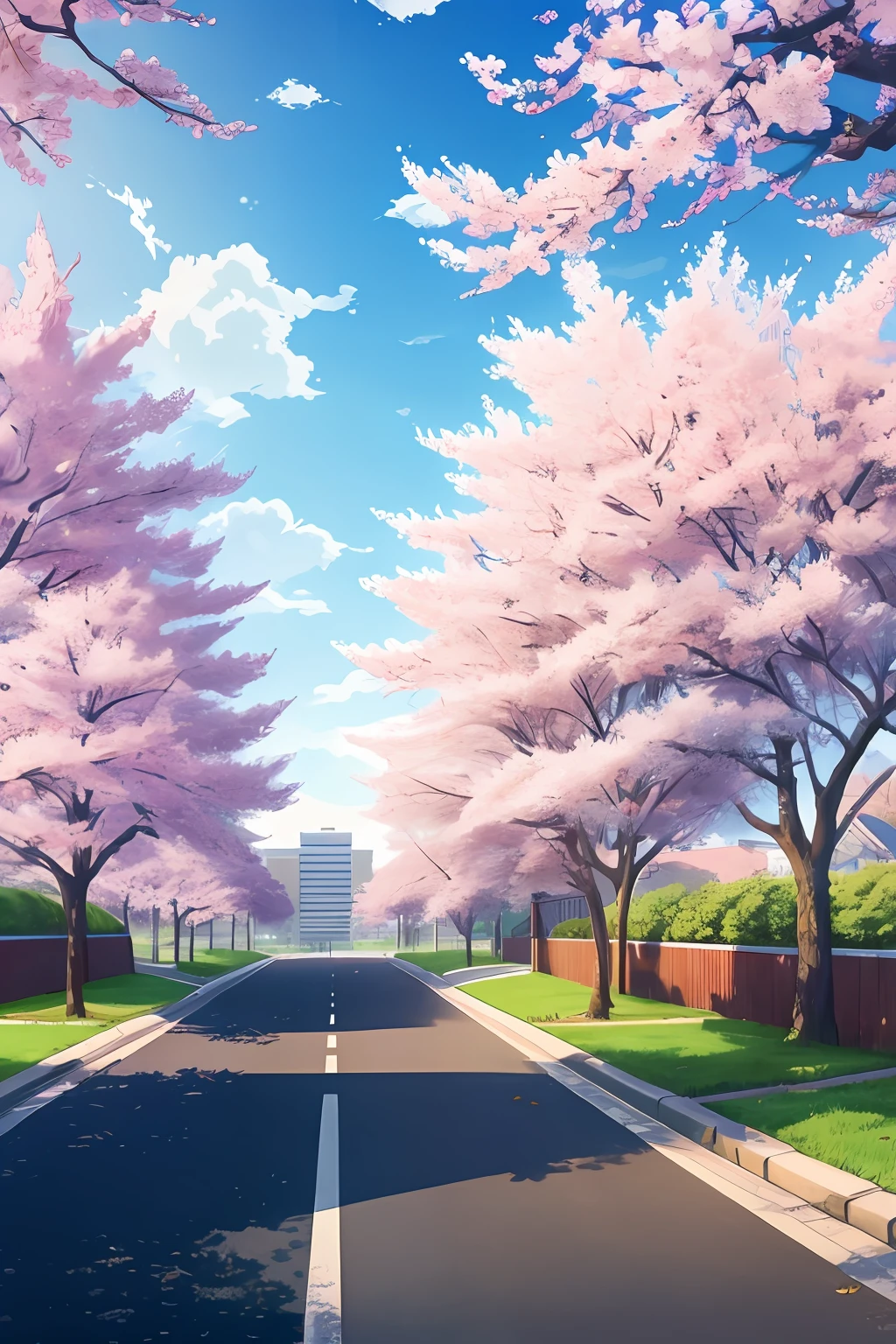 masterpiece, best quality, a city landscape with some sakura trees on the side near a highschool building, there is a light traffic on the street, some birds in the sky, wide view, anime screenshot, anime style drawing, sky visible