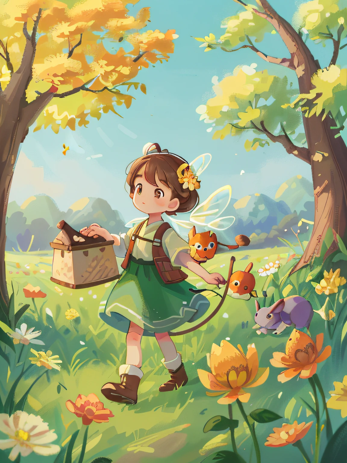 During the first solar term of spring, the sun gradually brightens and the grass and trees begin to sprout. Small animals began to be active, some bees collected honey in the flowers, some mice looked for food in the fields, the painting style was matte, with good particle texture, high-quality resolution, Chinese elements. --v6