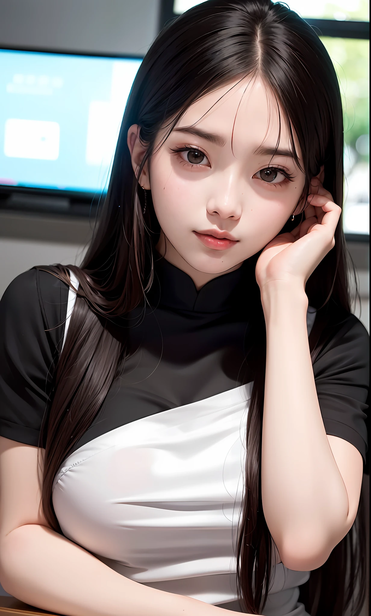 (8k, RAW photo, photorealistic:1.25) ,( lipgloss, 睫毛, gloss-face, glossy skin, best quality, ultra highres, depth of field, chromatic aberration, caustics, Broad lighting, natural shading, Kpop idol) 看着观众宁静女神般的幸福,高中教室,水手服,迷你裙,全身像