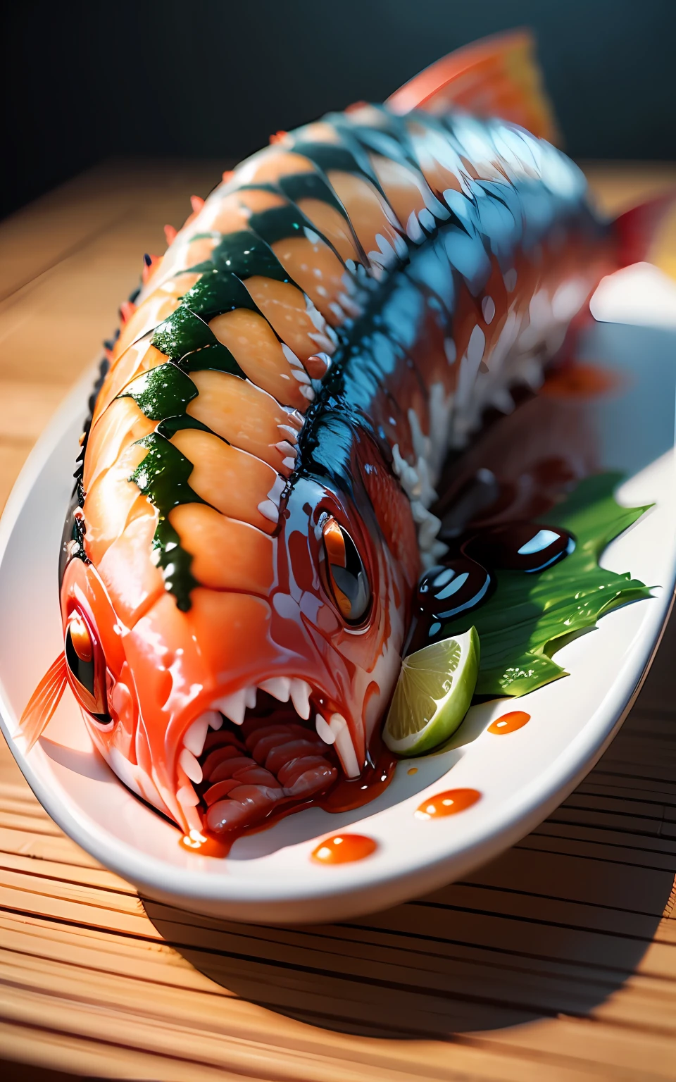 Sushi, (mutant fish, mutated shrimp), (disgusting food photography: 1.5), rot, (exposed to radiation), ultra-detailed, realistic photography, frequent lighting, studio lighting, clear focus, best quality (photorealism: 1.4), original photo, award winning photo, realistic texture, dramatic lighting, unrealistic engine, high resolution, 8k, detailed background, complex background, bright background, wonderful atmosphere, surrealism, very detailed food texture, high quality, High detail, high resolution, depth of field --auto --s2