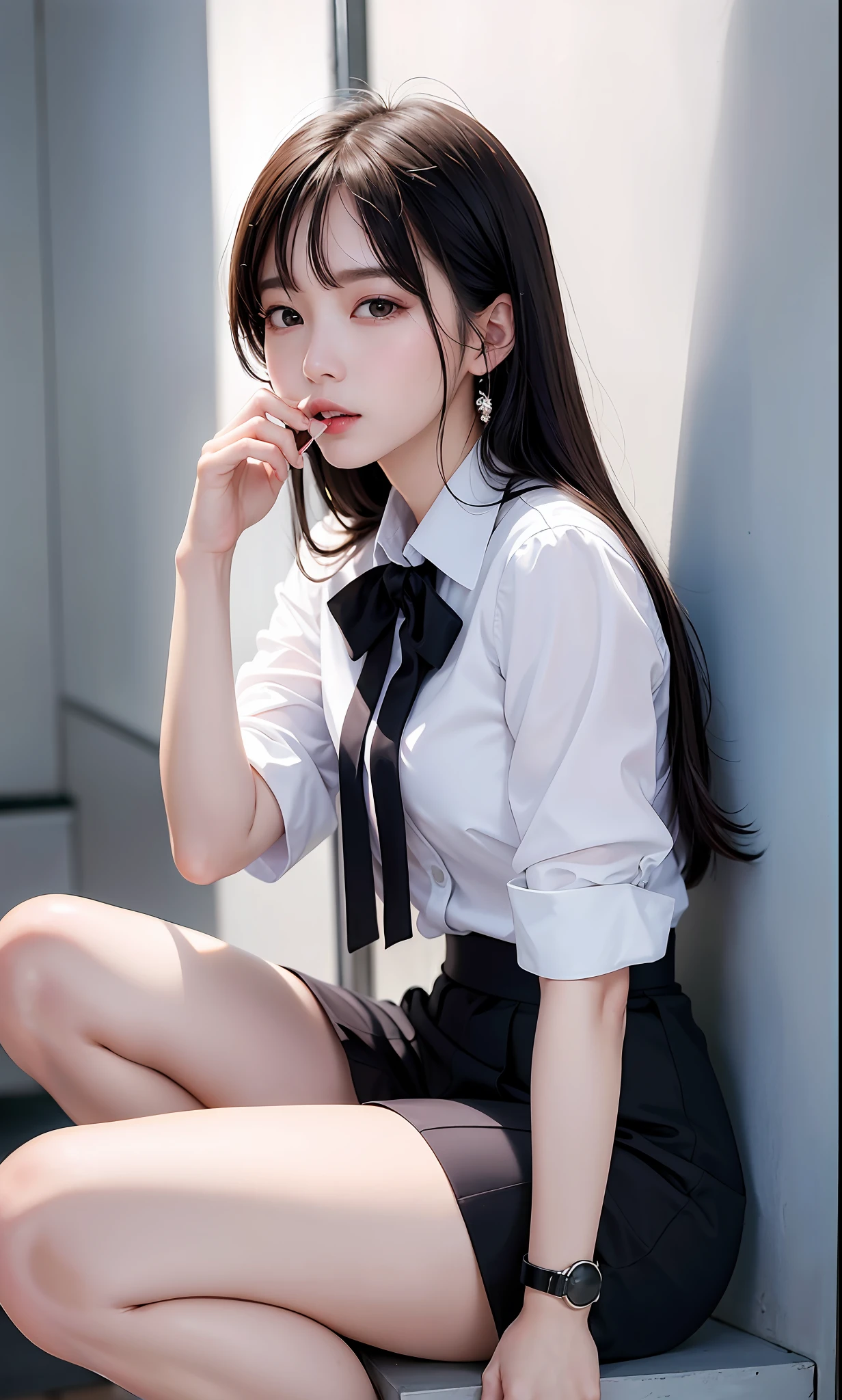 (8k, RAW photo, photorealistic:1.25) ,( lipgloss, 睫毛, gloss-face, glossy skin, best quality, ultra highres, depth of field, chromatic aberration, caustics, Broad lighting, natural shading, Kpop idol) 看着观众宁静女神般的幸福，高中教室，水手服，迷你裙，全身像