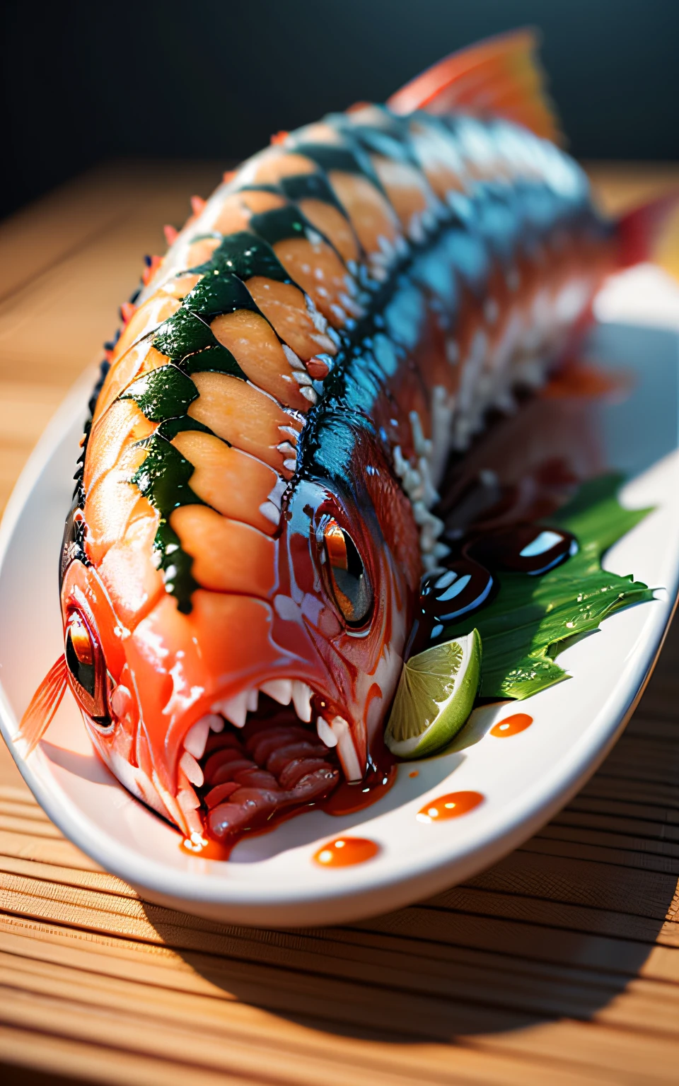 Sushi, (mutant fish, mutated shrimp), (disgusting food photography: 1.5), rot, (exposed to radiation), ultra-detailed, realistic photography, frequent lighting, studio lighting, clear focus, best quality (photorealism: 1.4), original photo, award winning photo, realistic texture, dramatic lighting, unrealistic engine, high resolution, 8k, detailed background, complex background, bright background, wonderful atmosphere, surrealism, very detailed food texture, high quality, High detail, high resolution, depth of field --auto --s2