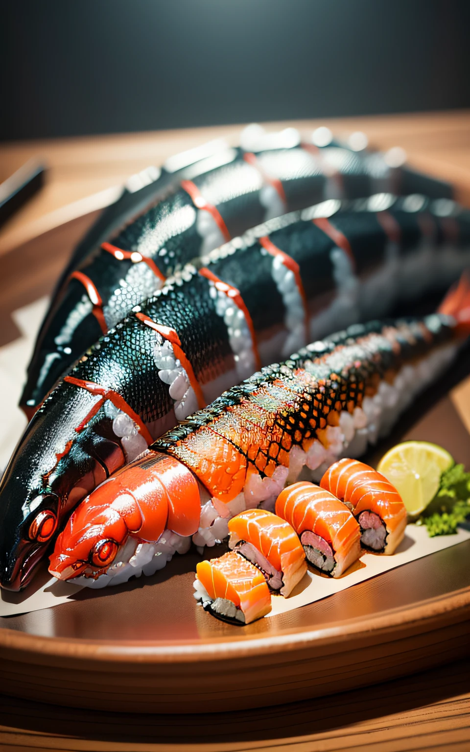 (Monster Sushi), Mutant Fish, Mutated Shrimp, Disgusting Food Photography, Rot, (Exposed to Radiation), Ultra-detailed, Realistic Photography, Frequent Lighting, Studio Lighting, Clear Focus, Best Quality (Realism: 1.4), Original Photo, Award Winning Photo, Realistic Textures, Dramatic Lighting, Unrealistic Engine, High Resolution, 8k, Detailed Background, Complex Background, Bright Background, Beautiful Atmosphere, Surrealism, Very Detailed Food Texture, High Quality, High Detail, High resolution, depth of field --auto --s2
