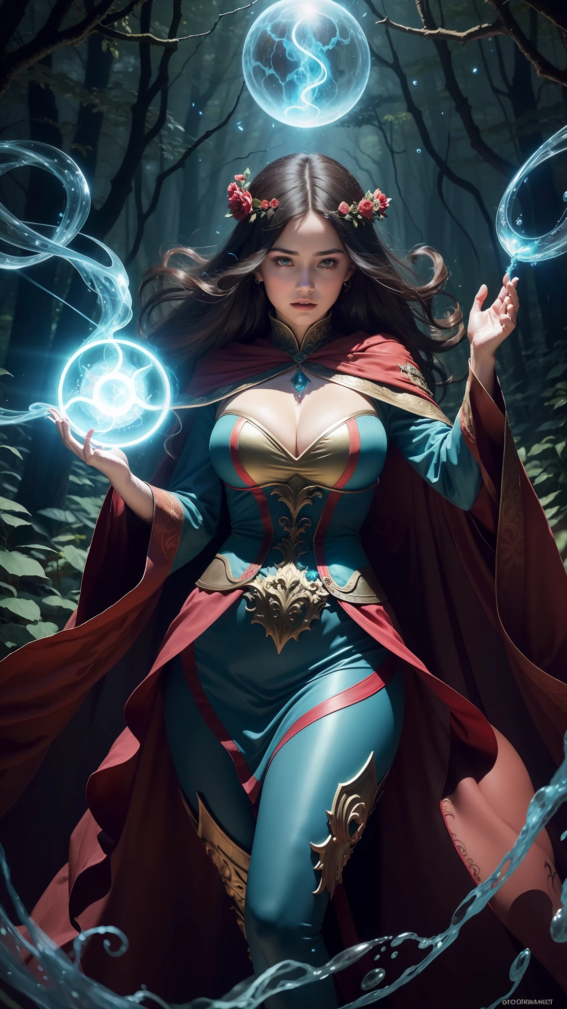 A powerful wizard standing in a mysterious forest. Their flowing robes are decorated with symbols, big breasts, thin waist, plump buttocks, wearing dark red tight special combat suits, arms outstretched, and eyes shining with arcane energy. As their spells escaped from their lips, a vibrant swirl pattern of dark magic appeared in the air, flashing red and blue hues. Enchantment, flowers bloom, creatures gaze in awe. Wisps of magical energy dance to reveal hidden realms and unlock secrets. Capture the essence of this fascinating moment and bring the mysterious power of the dark enchantment to life on canvas with the highest quality and detail. Best quality, masterpiece, super high resolution, (realistic: 1.4), original photo, clear focus, HDR, detailed skins.