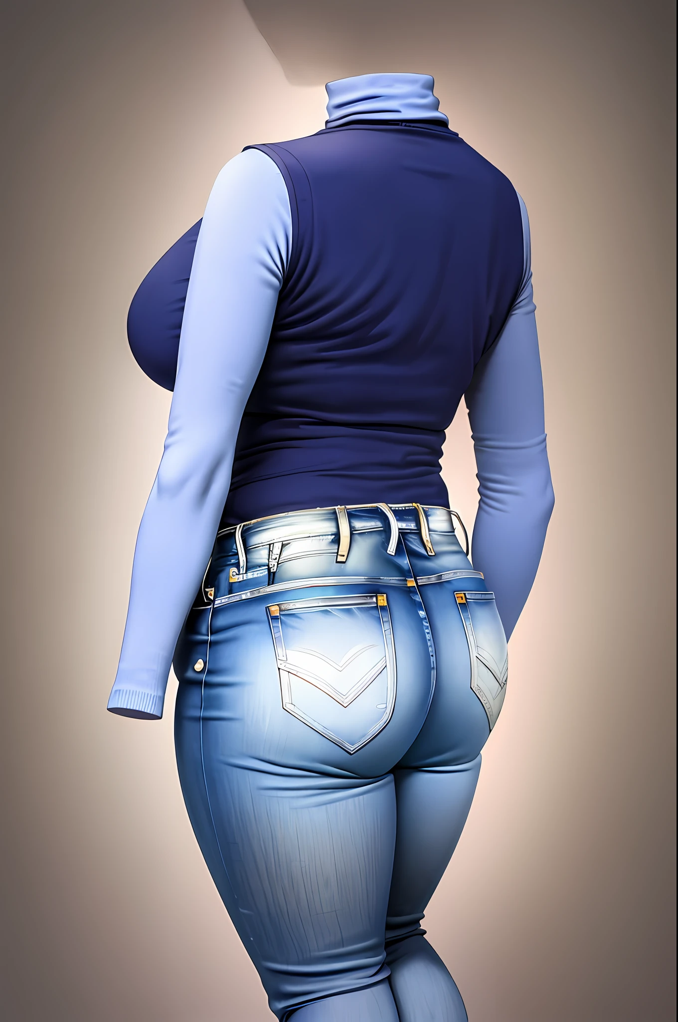 masterpiece, best quality, 1girl, solo, invisible, dark blue jeans, white shirt, turtleneck shirt, sleeveless shirt ((((no humans)))), (headless), faceless, empty clothes, anime, curves, medium breast, from behind, butt, back, back view, focus on butt