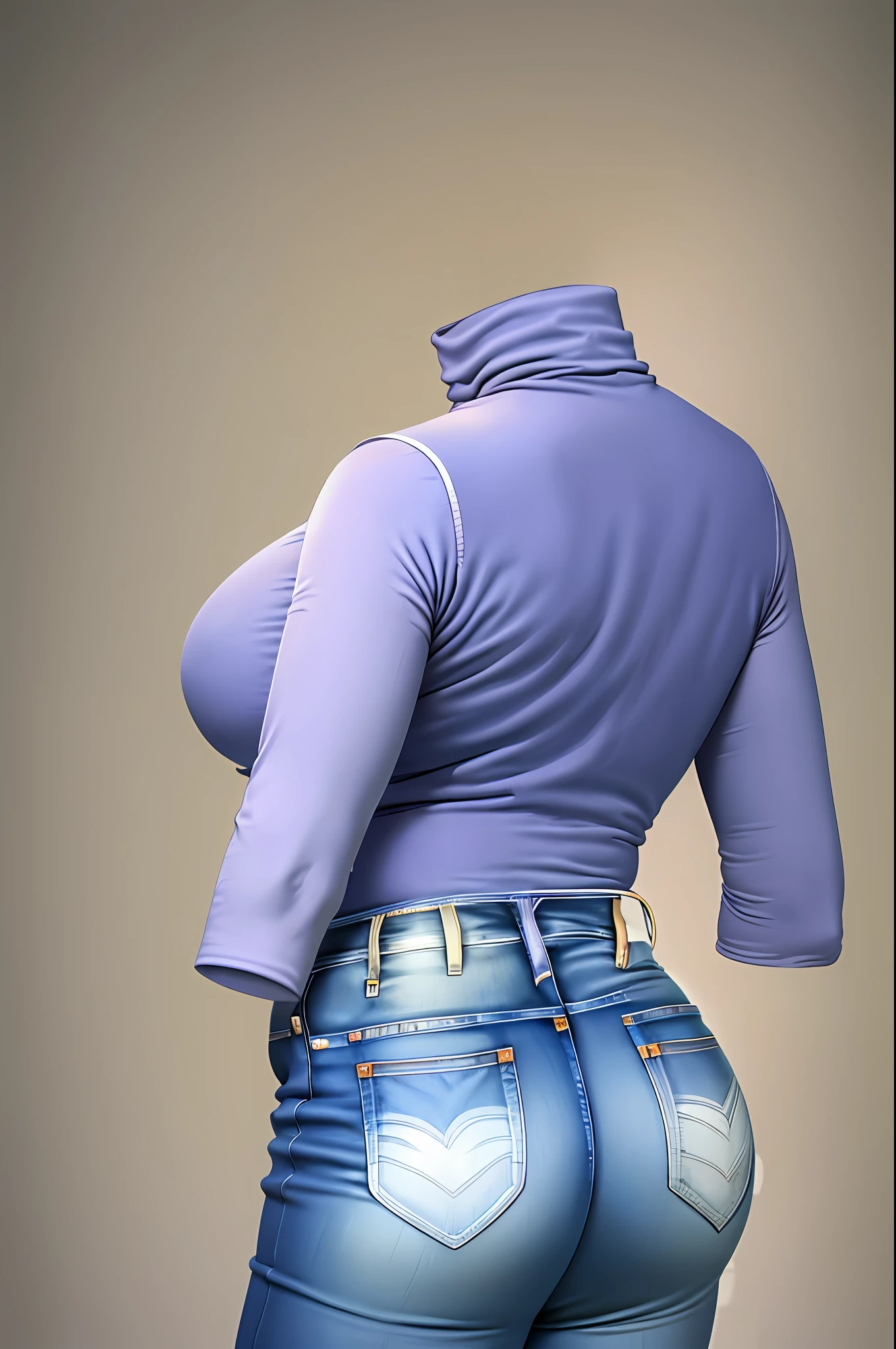 masterpiece, best quality, 1girl, solo, invisible, dark blue jeans, white shirt, turtleneck shirt, sleeveless shirt ((((no humans)))), (headless), faceless, empty clothes, anime, curves, medium breast, from behind, butt, back, back view, focus on butt