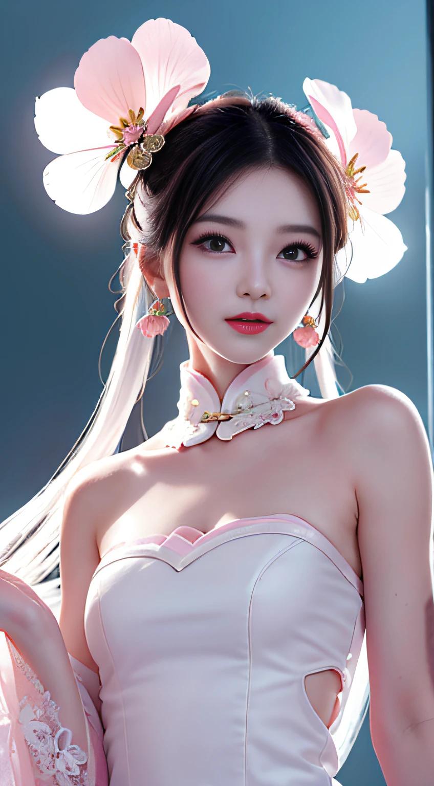 A gentle and lovely Chinese beautiful woman, delicate sexy collarbone, charming goose egg face, double eyelids, smart peach blossom eyes, pink lips, small upturned nose, bare shoulders, focused face, face close-up, ultra HD, super detail, full body photo, ultra-thin light transmission optimal ratio four fingers and one thumb, rabbit ears