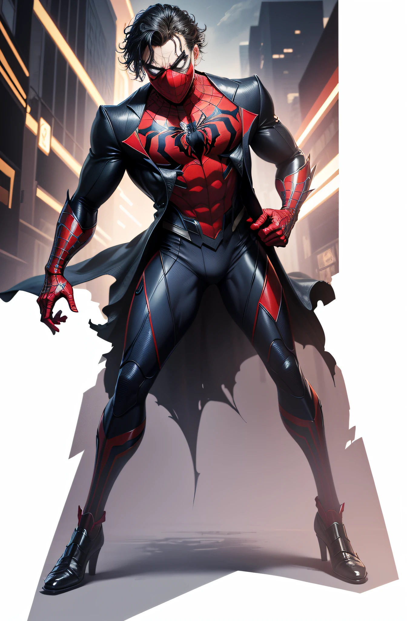 8k, realistic, charismatic, very detailed, Joker, Spider-Man, symbiote, superhero theme, full body, ray-traced images of Arthur Pan, trends on Artstation, digital art, red and cinematic lighting, dramatic shadows and beautiful vivid colors capture scenes. Romantic art style, suit, Spider-Man suit, Spider-Man logo, flat perspective, character standing painting, clown mask,