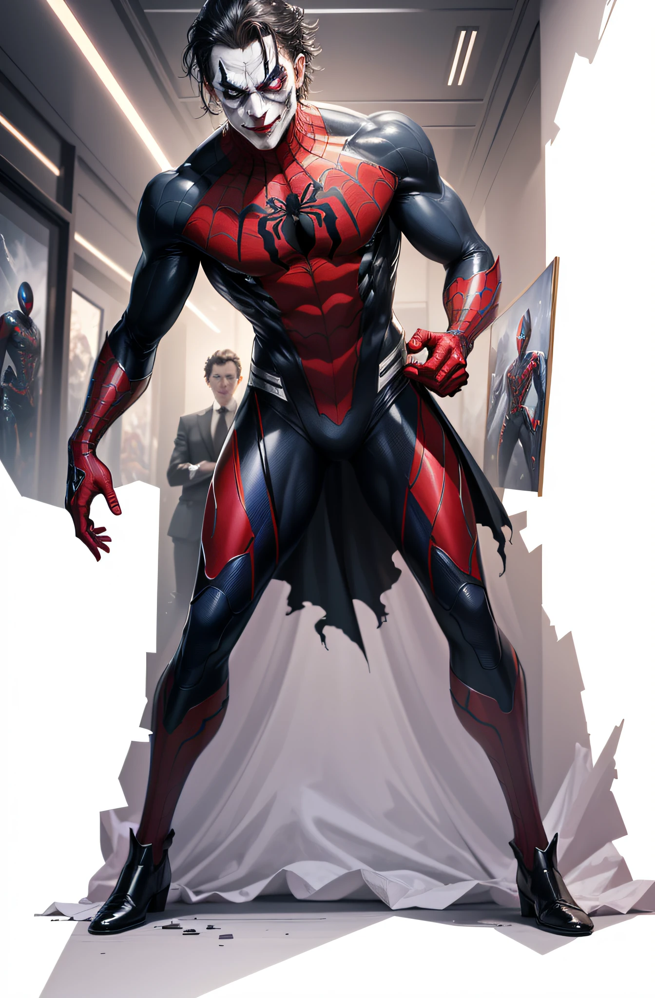 8k, realistic, charismatic, very detailed, Joker, Spider-Man, symbiote, superhero theme, full body, ray-traced images of Arthur Pan, trends on Artstation, digital art, red and cinematic lighting, dramatic shadows and beautiful vivid colors capture scenes. Romantic art style, suit, Spider-Man suit, Spider-Man logo, flat perspective, character standing painting, clown mask,
