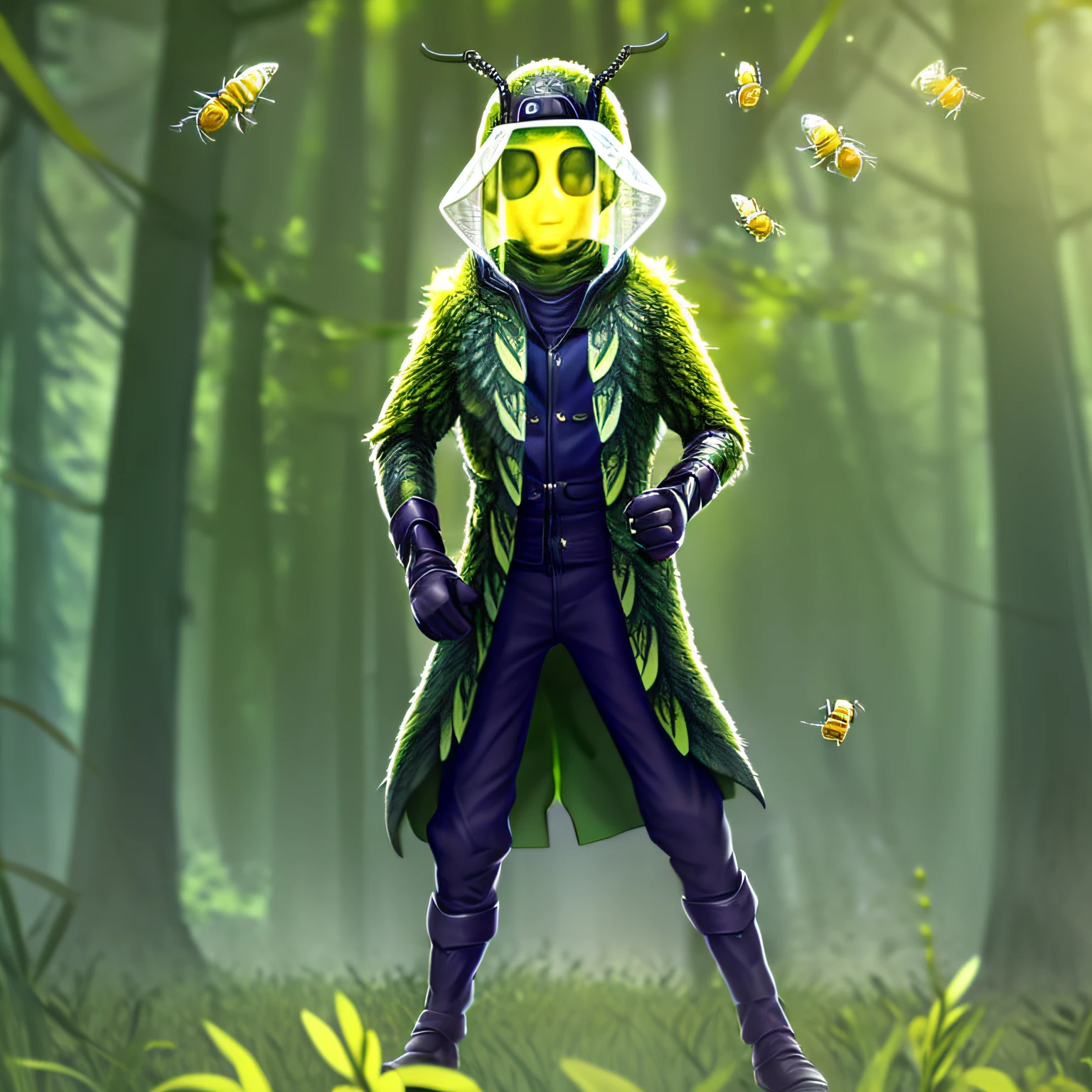 Masterpiece, high quality, young boy, covering his face with protective suit for bees, holding a bug net, dark green coat, facing forward, looking at camera, full body, center of the screen