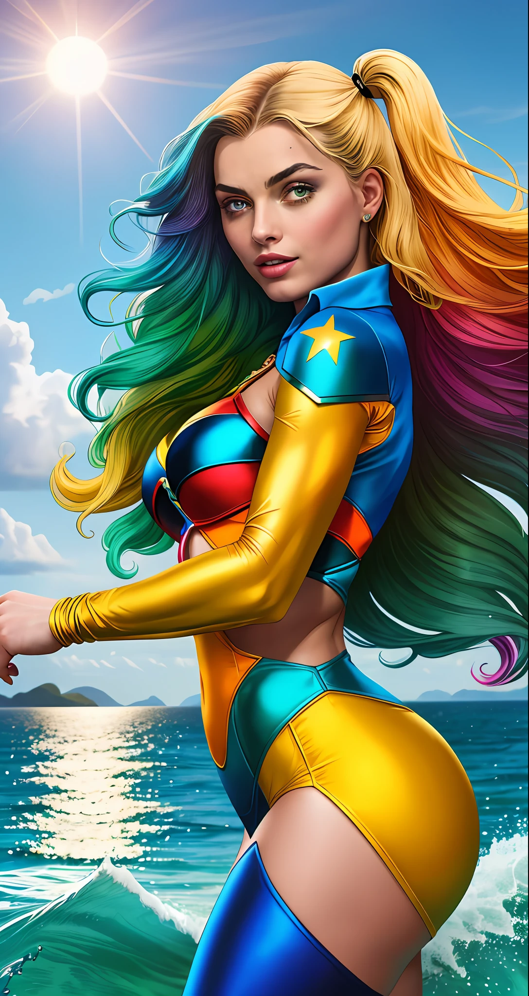 Aurora "Brasilis" is a Brazilian heroine with long, wavy hair in the color of the sun, in shades of gold and orange. Her eyes reflect the colors of the ocean, with shades of blue and green, and her skin has a tan tone. She wears a costume inspired by the colors of the Brazilian flag, combining green, yellow and blue. His costume is modern, practical and has details of leaves and flowers, referring to nature. Do Fight Harley Quinn with Margot Robbie