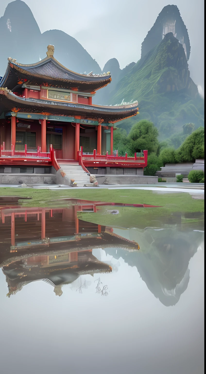 (Ultra High Resolution, Realistic, Best Quality, Realistic), (8K, Original Photo, Best Quality, Masterplece), (Photon Mapping, Radiometry, Physically Based Rendering, Auto White Balance), China Temples, Mountains, Rainy Days,