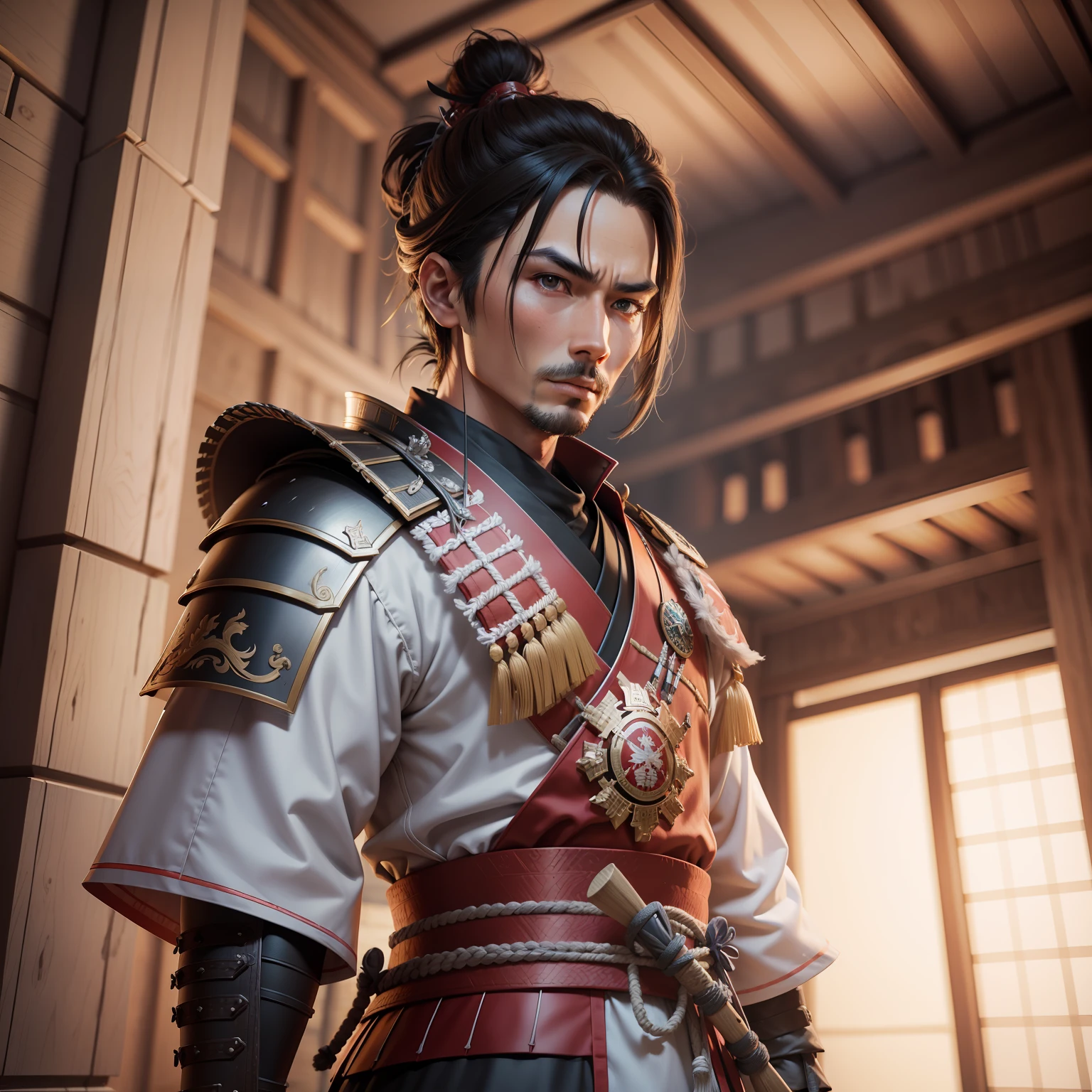 uniformed samurai warrior in a castle, realistic and artistic 3d image