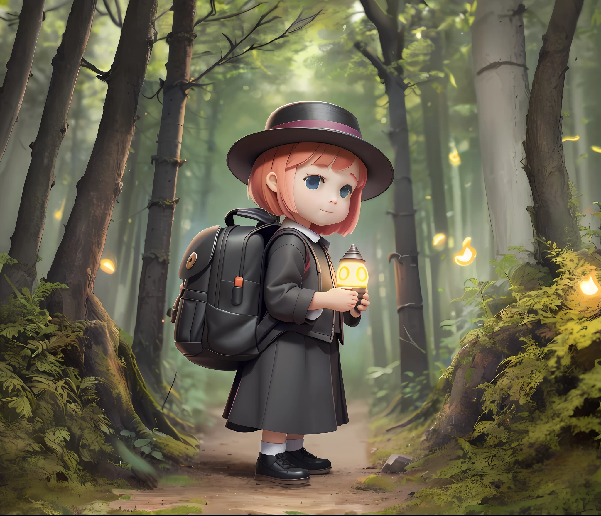 In the dark forest at night, there are several fireflies flying