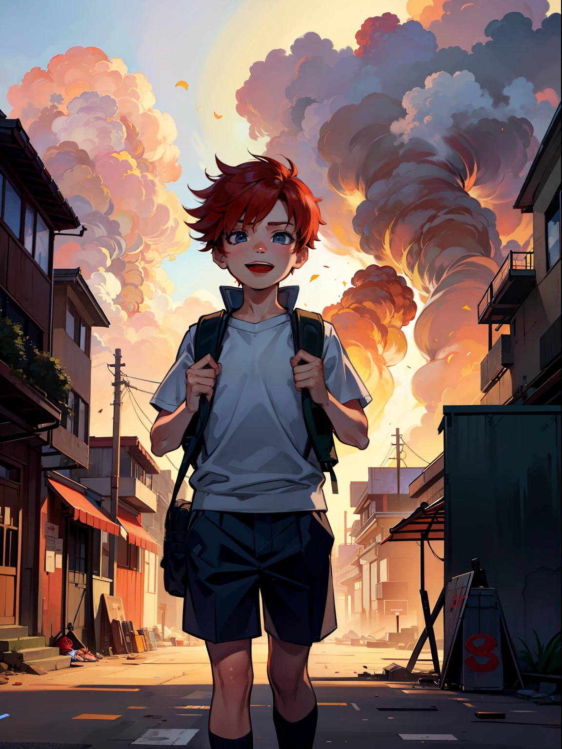 7-year-old boy, in school clothes and backpack, red hair, innocent and happy, in the middle of a city in destruction with smoke and fires