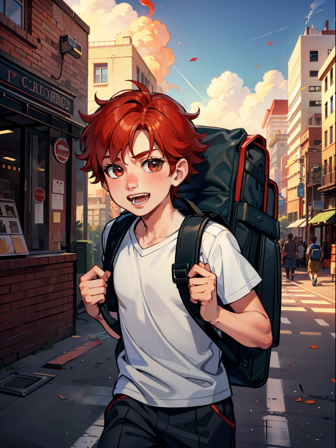 7-year-old boy, in school clothes and backpack, red hair, innocent and happy, in the middle of a city in destruction with smoke and fires