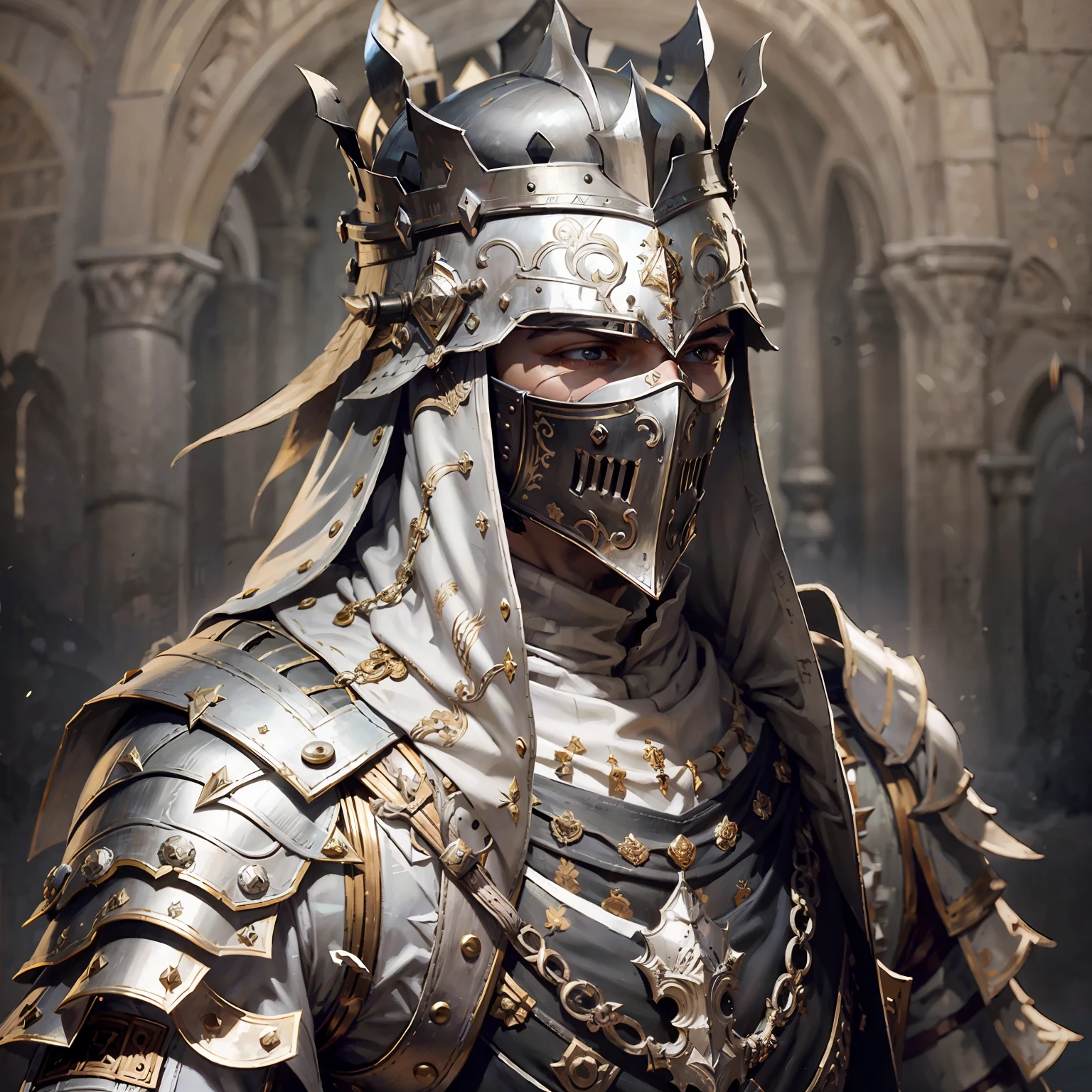 Edward Baldwin the king of droughts, medieval costumes white with black, large crown, metal chewing covering the whole face